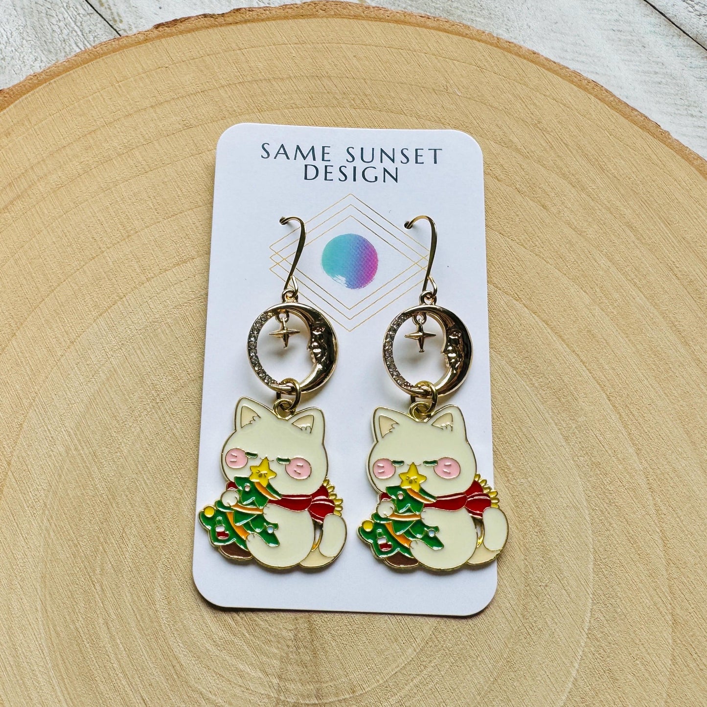 Christmas Cat Moon Earrings