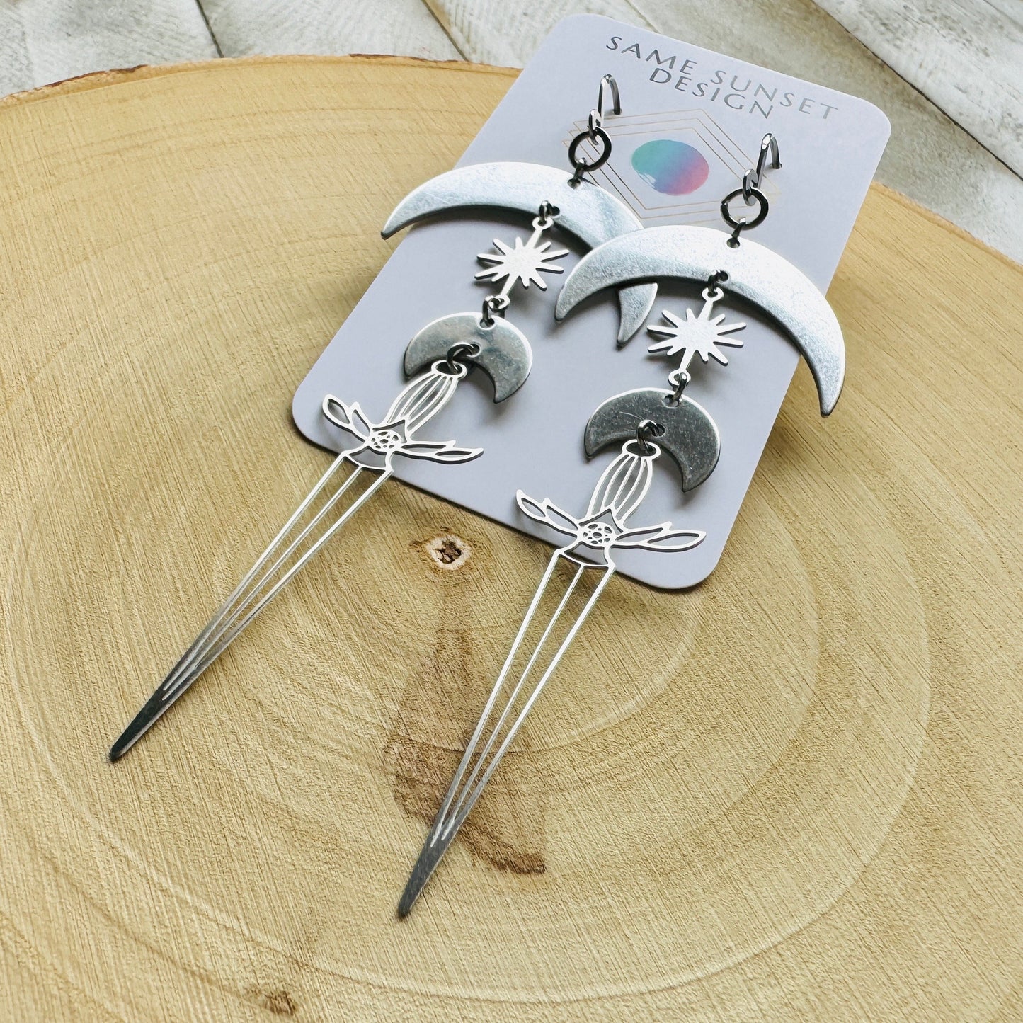 Silver Sword Moon Earrings