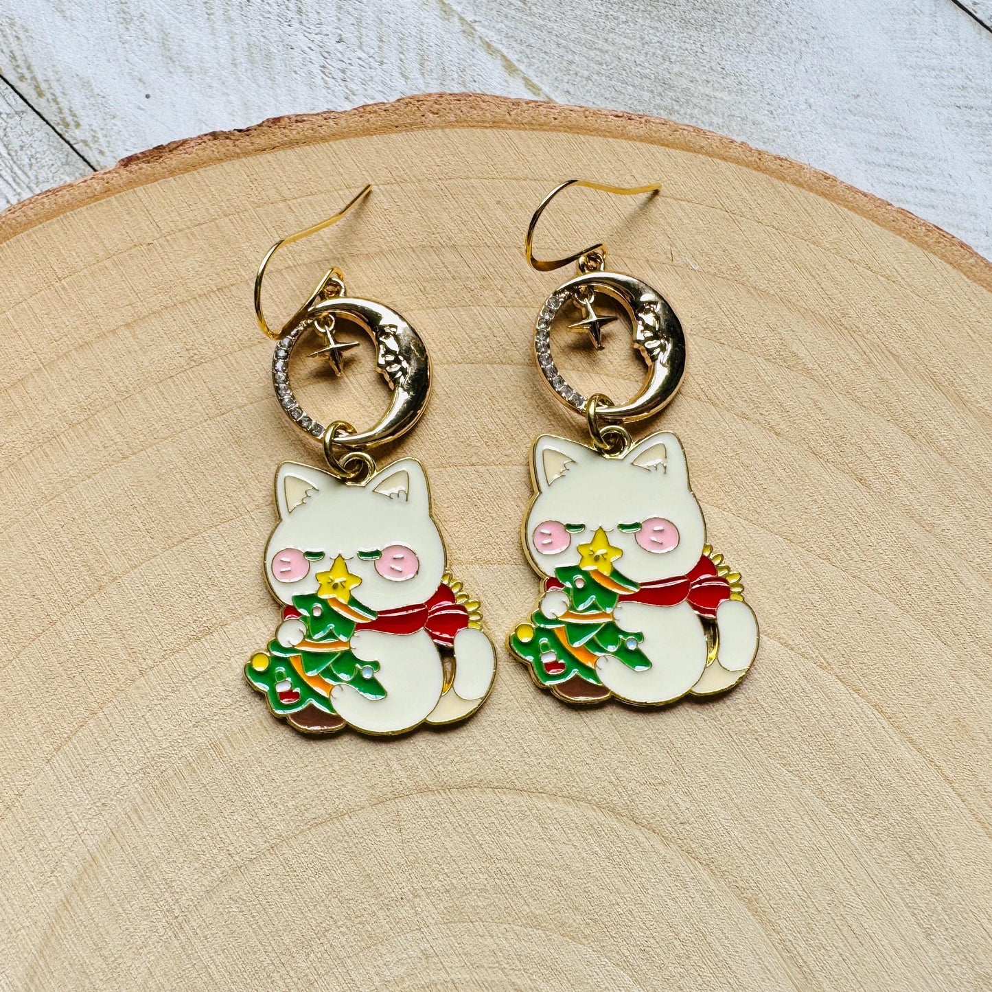 Christmas Cat Moon Earrings