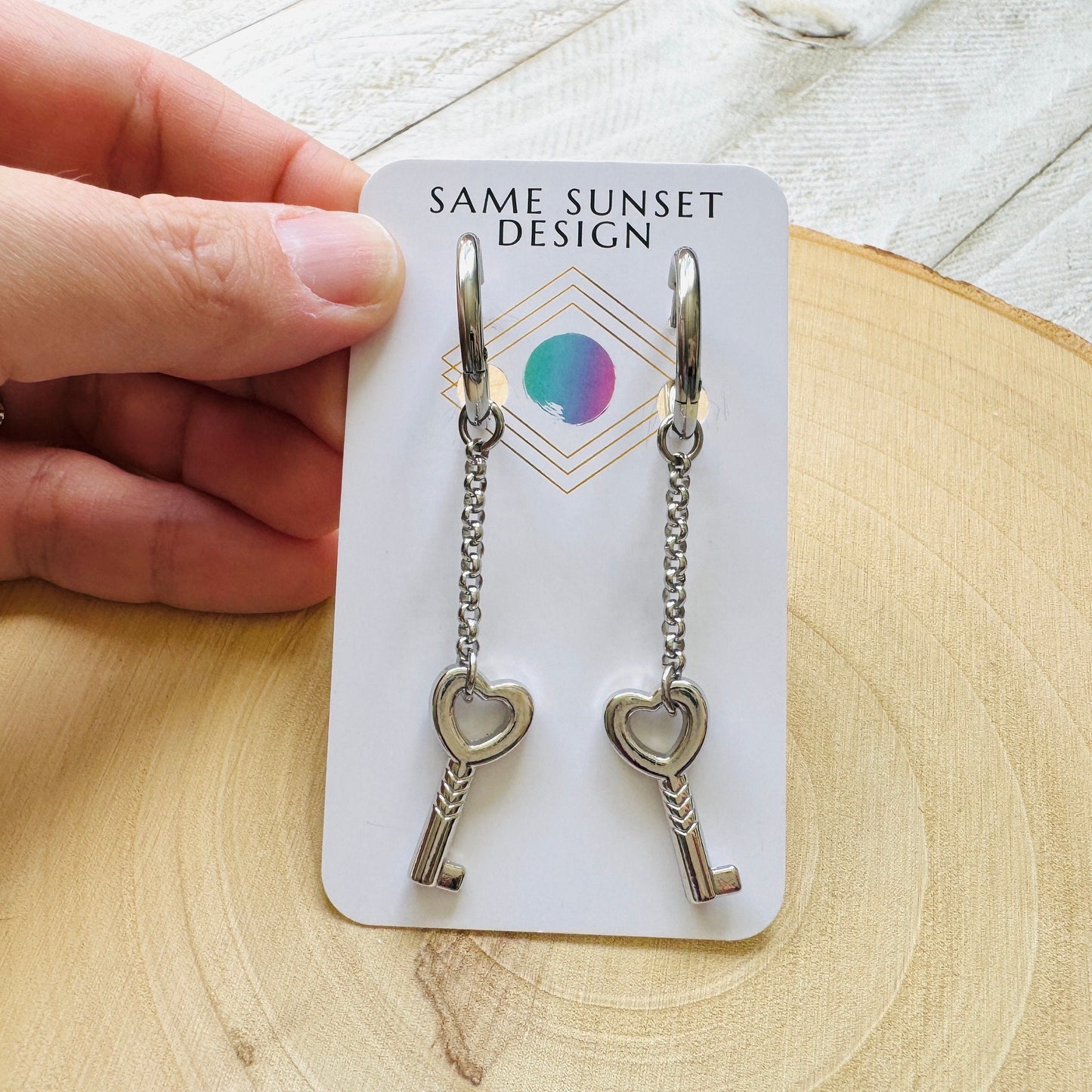 Silver Heart Key Huggie Hoop Earrings