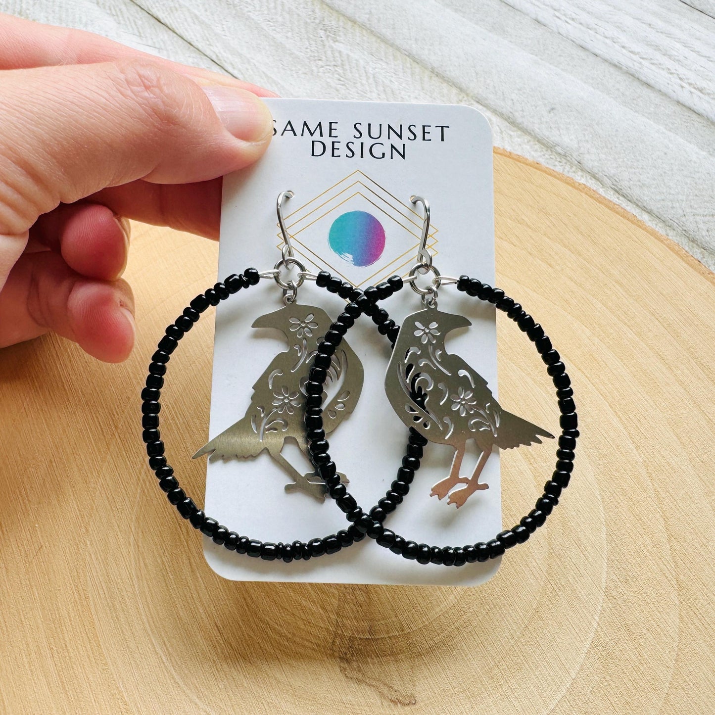 Raven Seed Bead Hoop Earrings