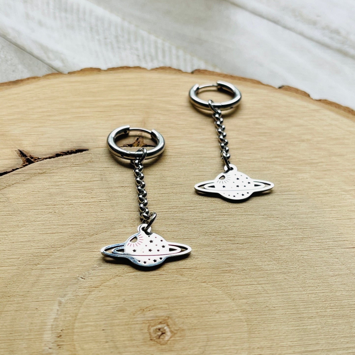 Stainless Steel Saturn Planet Huggie Hoop Earrings