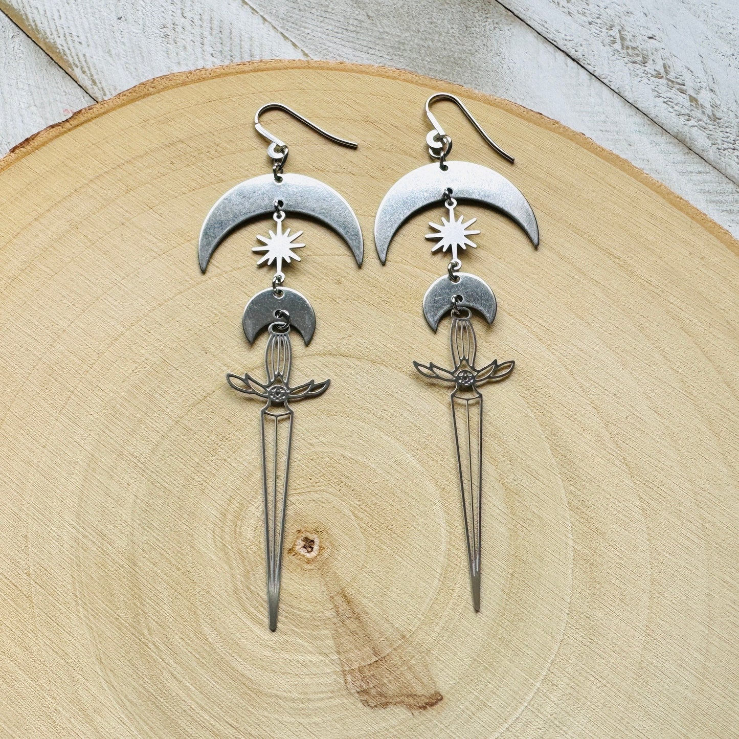 Silver Sword Moon Earrings