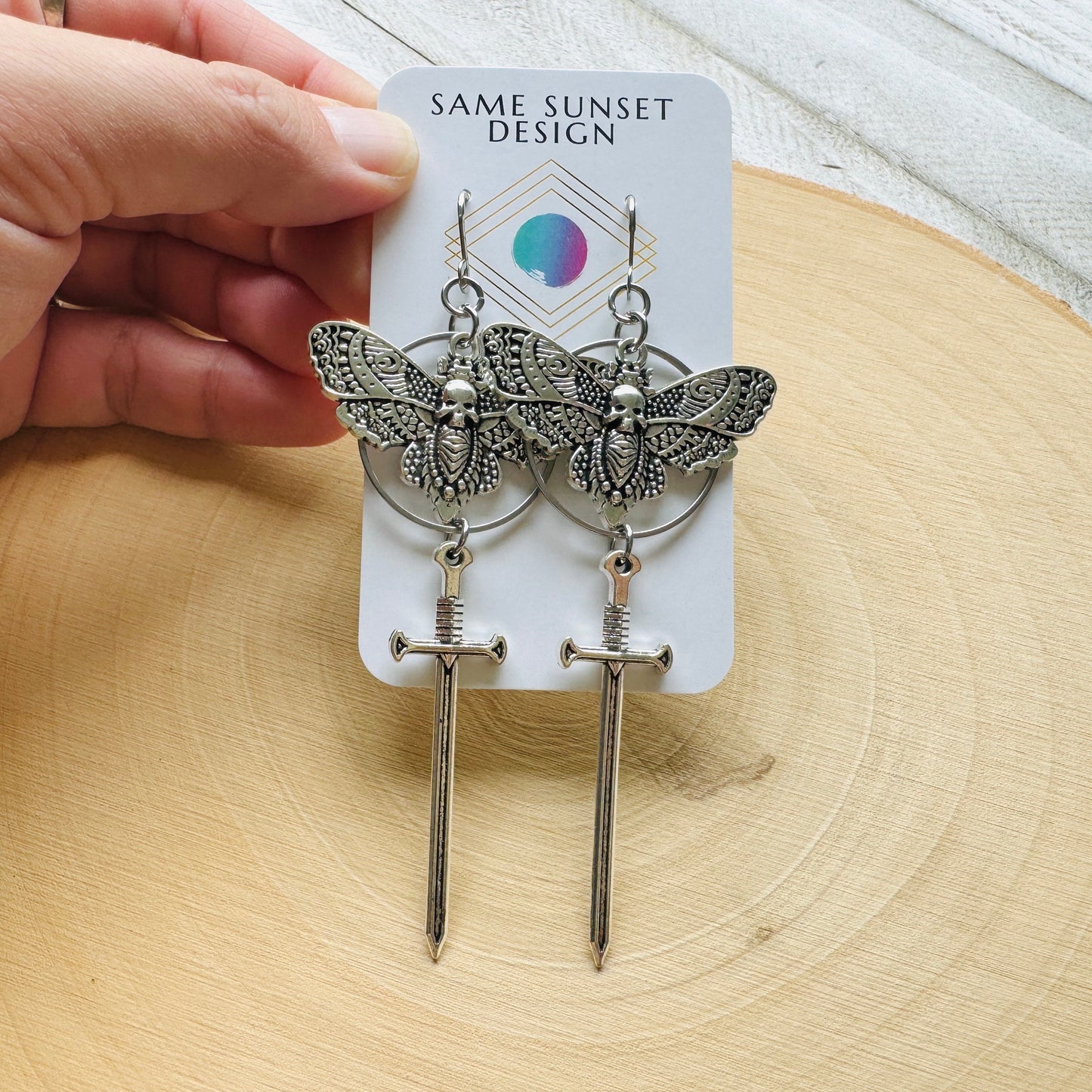 Silver Moth Sword Earrings