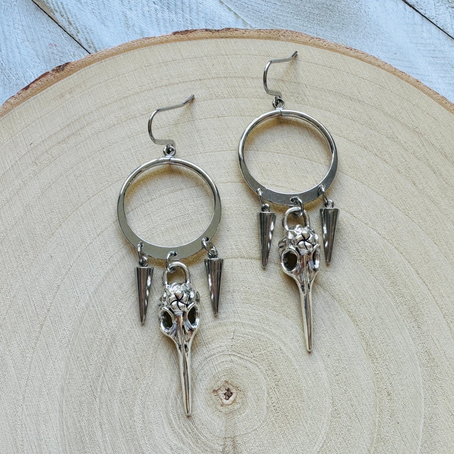 Silver Hoop Bird Skull Earrings