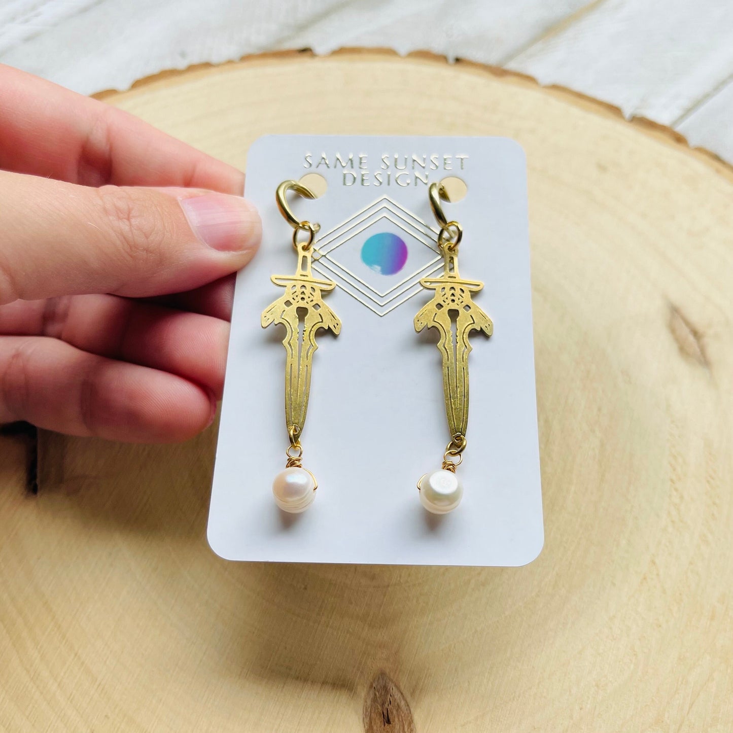 Pearl Sword Huggie Hoop Earrings
