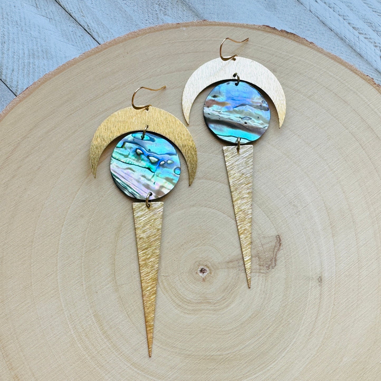 Abalone Brass Moon Earrings