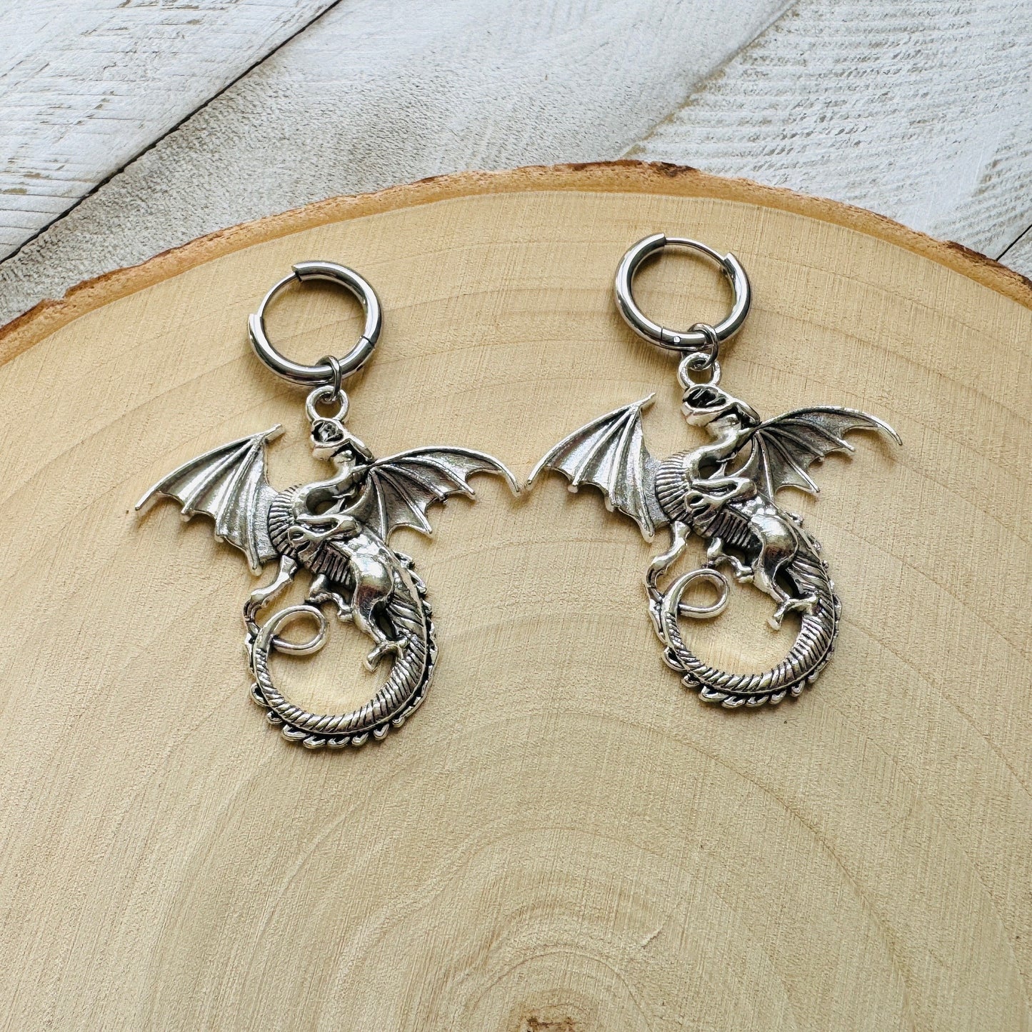 Silver Dragon Huggie Hoop Earrings
