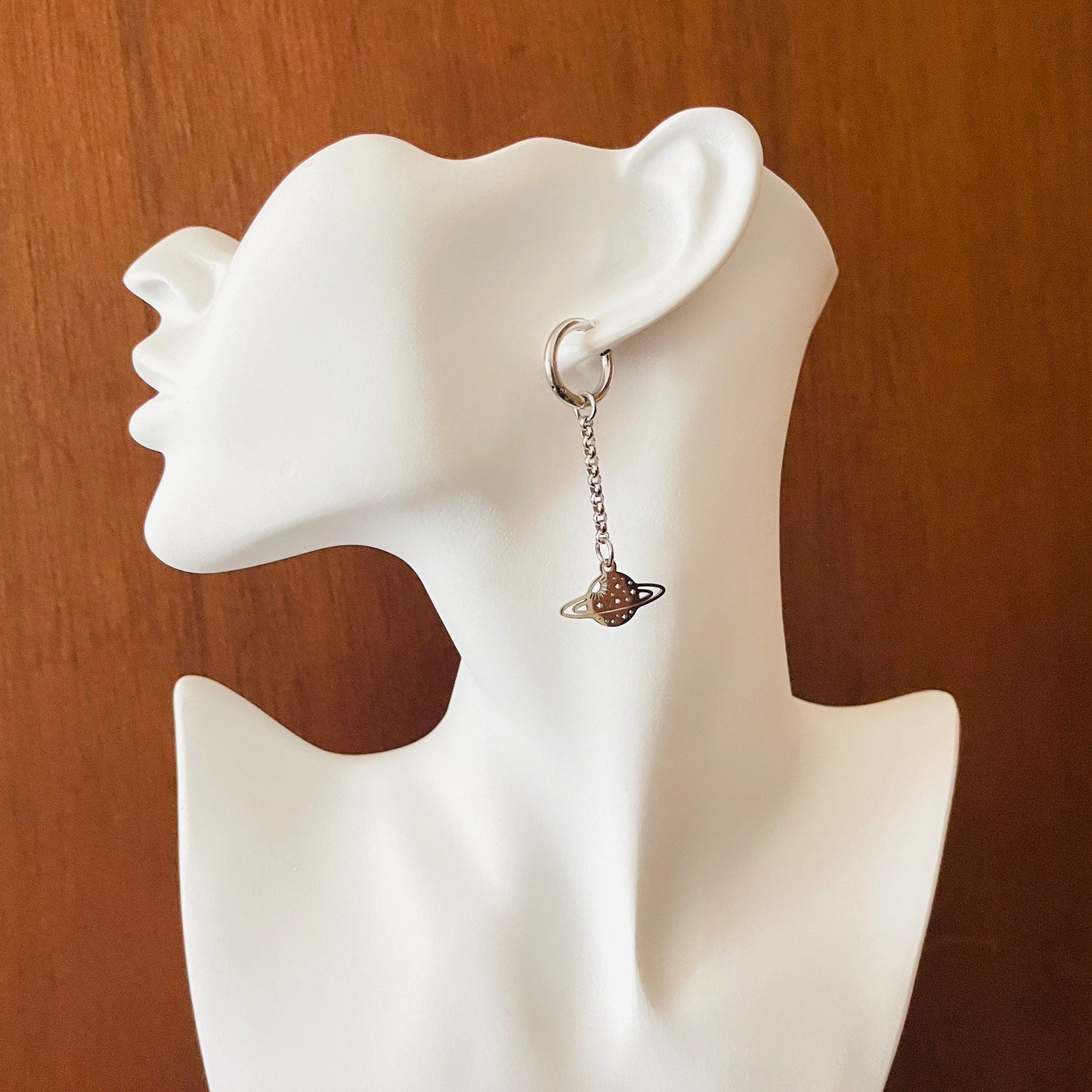 Stainless Steel Saturn Planet Huggie Hoop Earrings