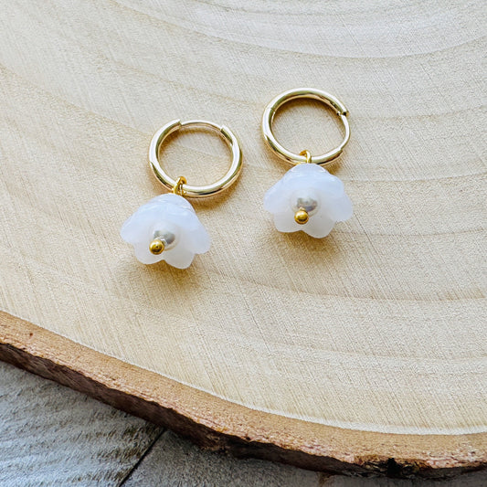 White Flower Pearl Huggie Hoops