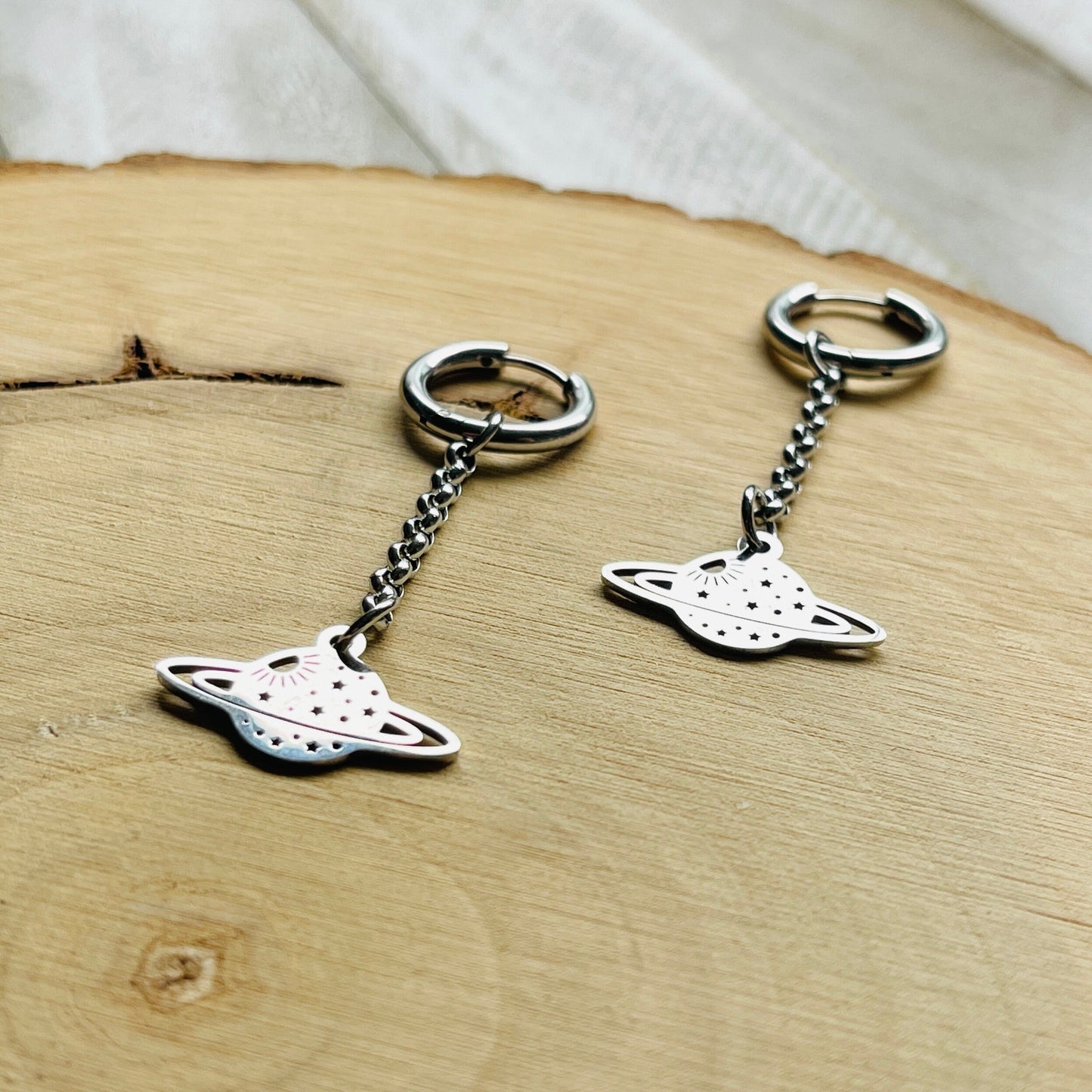Stainless Steel Saturn Planet Huggie Hoop Earrings