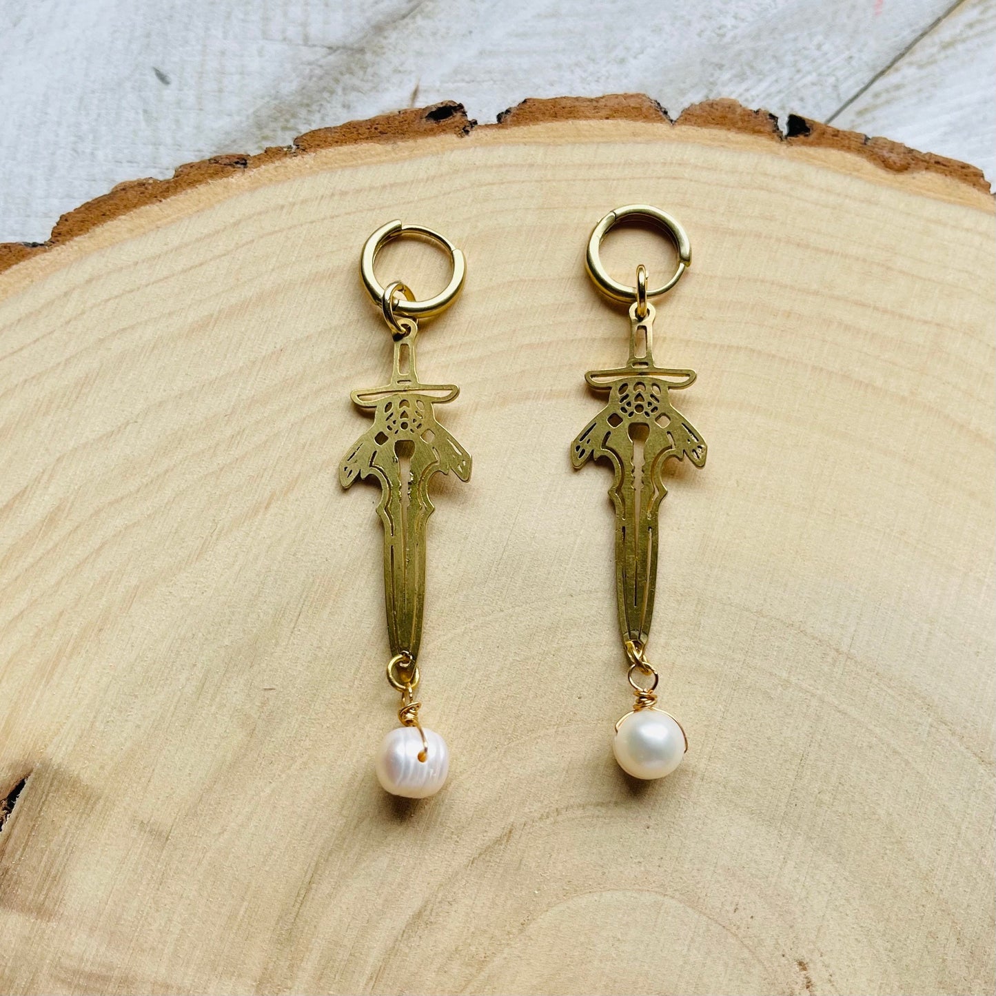 Pearl Sword Huggie Hoop Earrings
