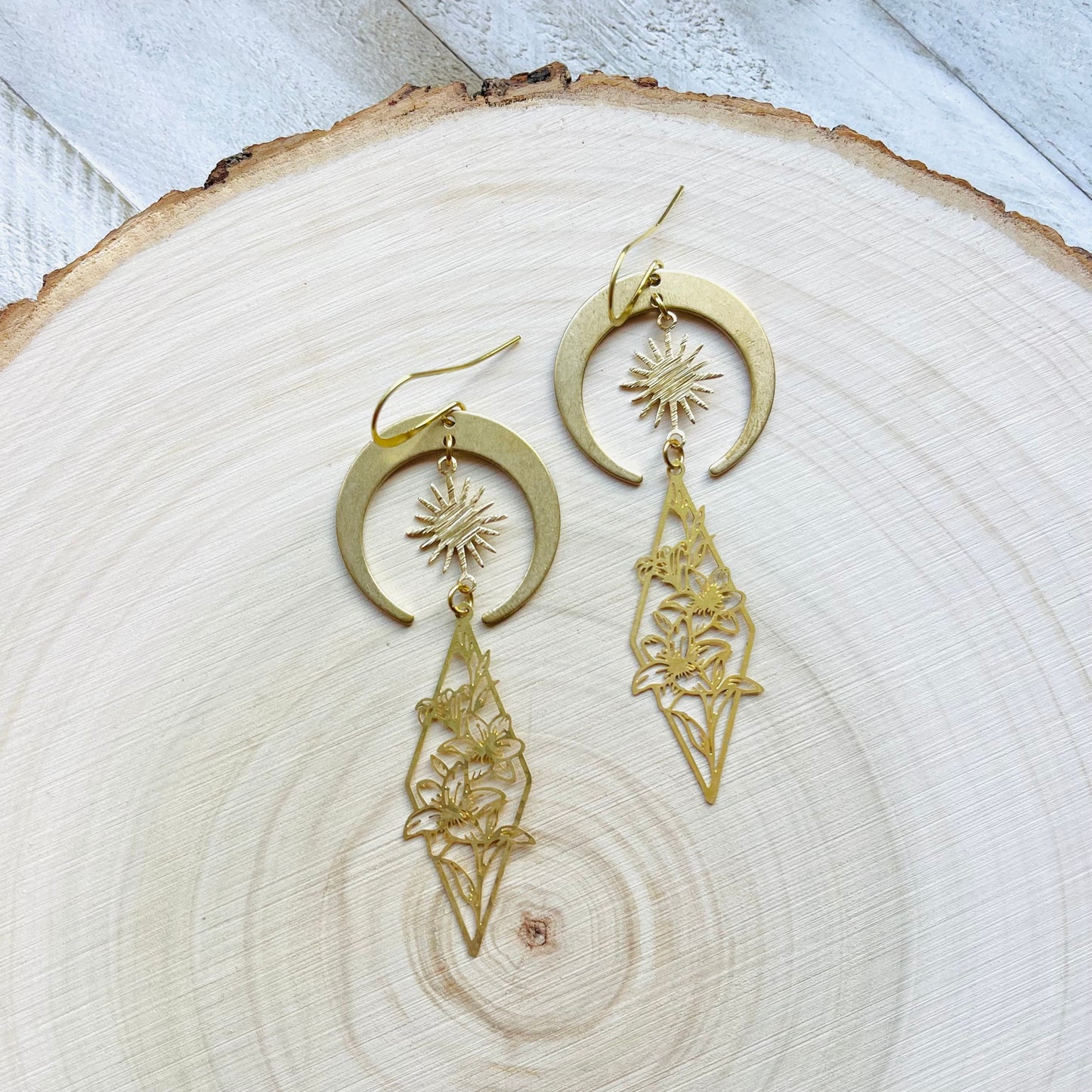 Brass Moon Flower Earrings