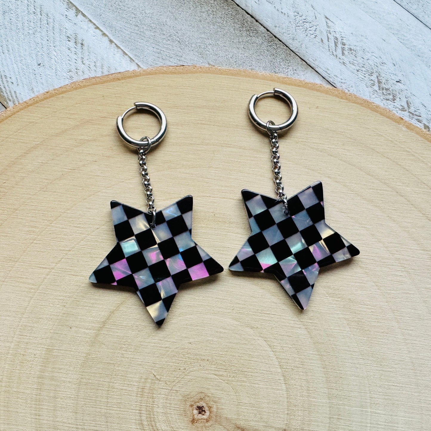 Checkered Star Huggie Hoop Earrings