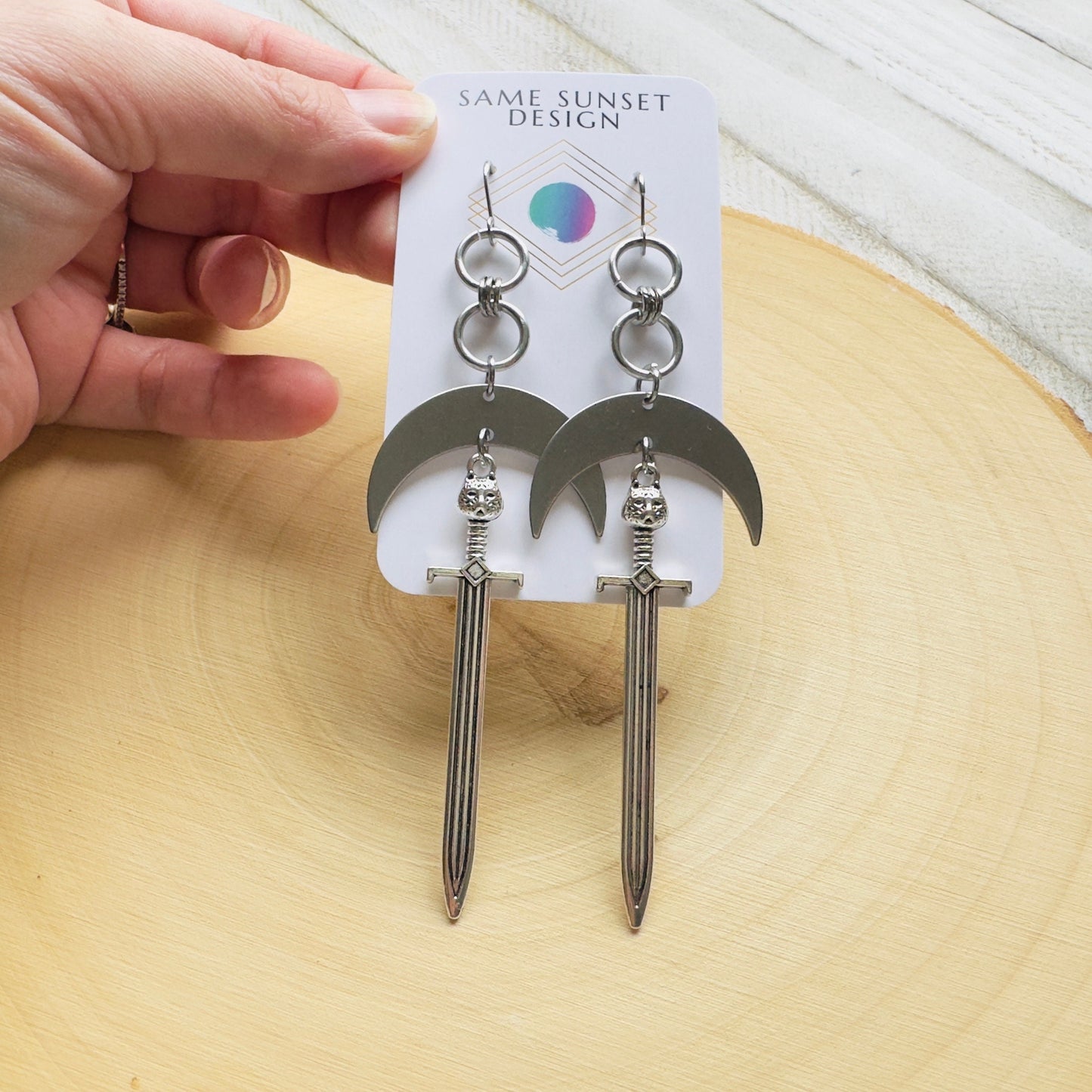 Silver Sword Moon Earrings