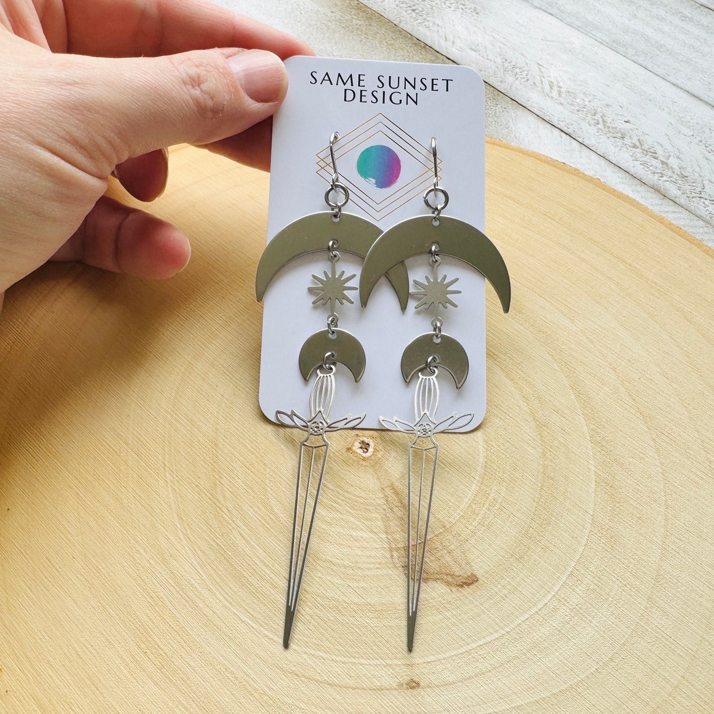 Silver Sword Moon Earrings