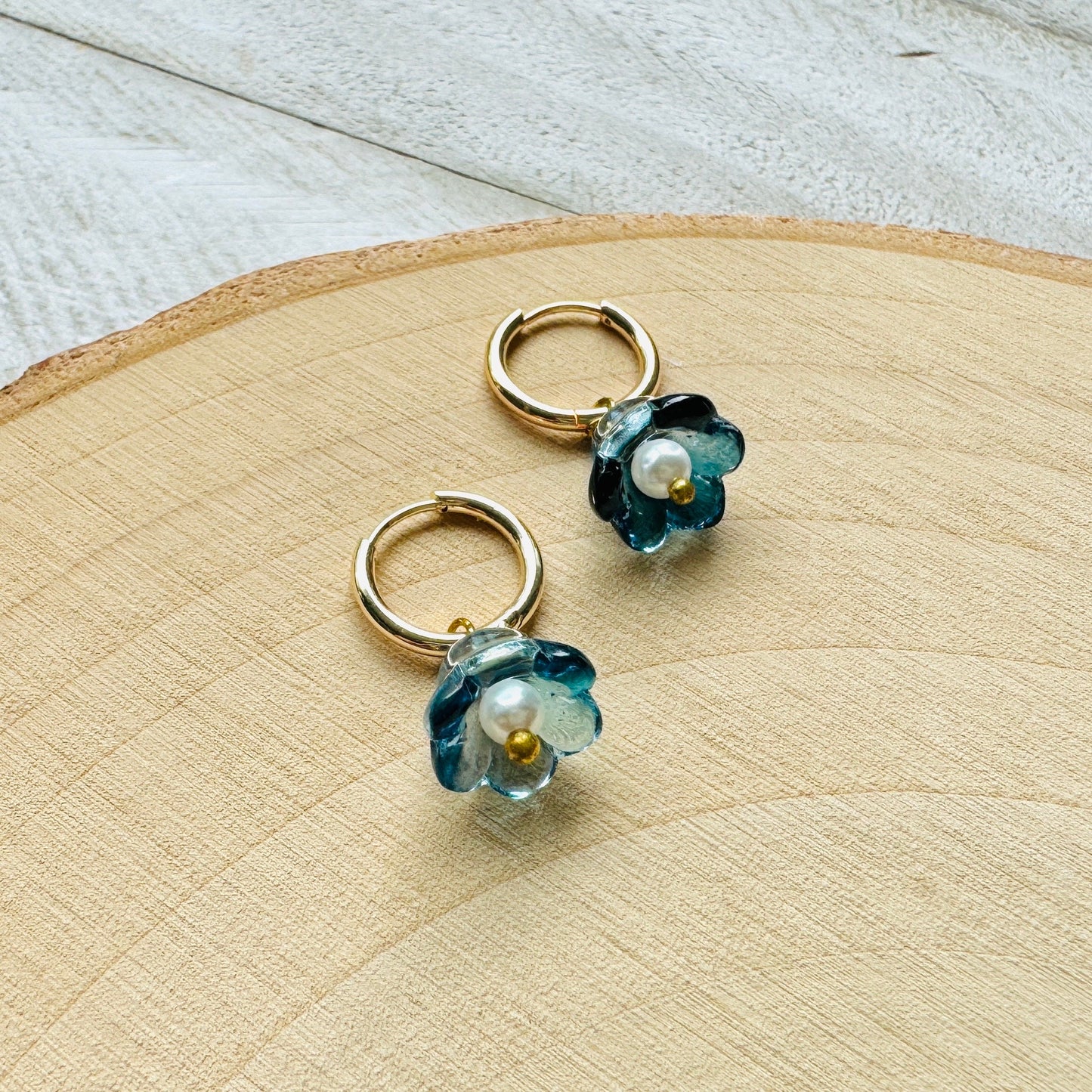 Flower Pearl Huggie Hoop Earrings