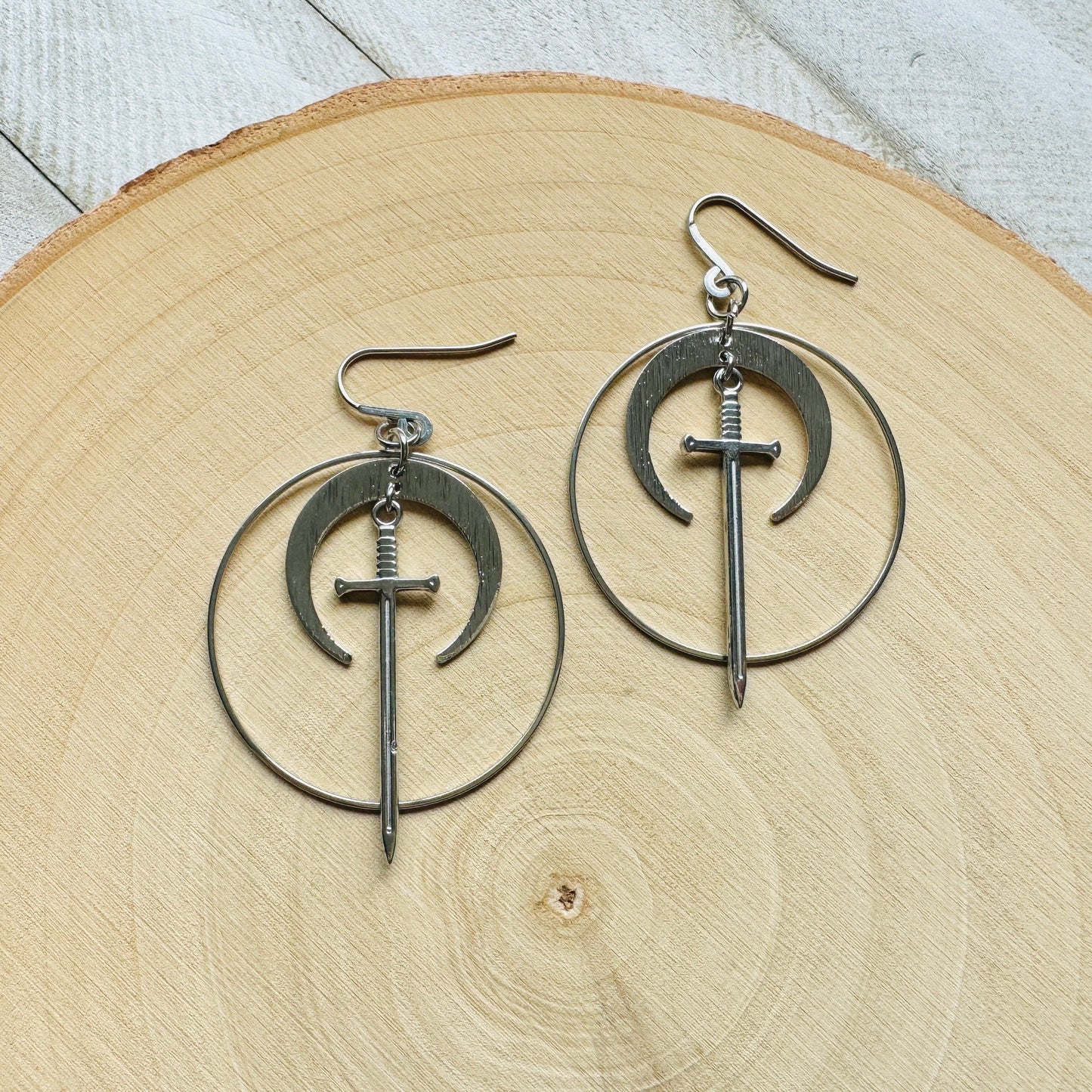 Stainless Steel Sword Moon Hoop Earrings