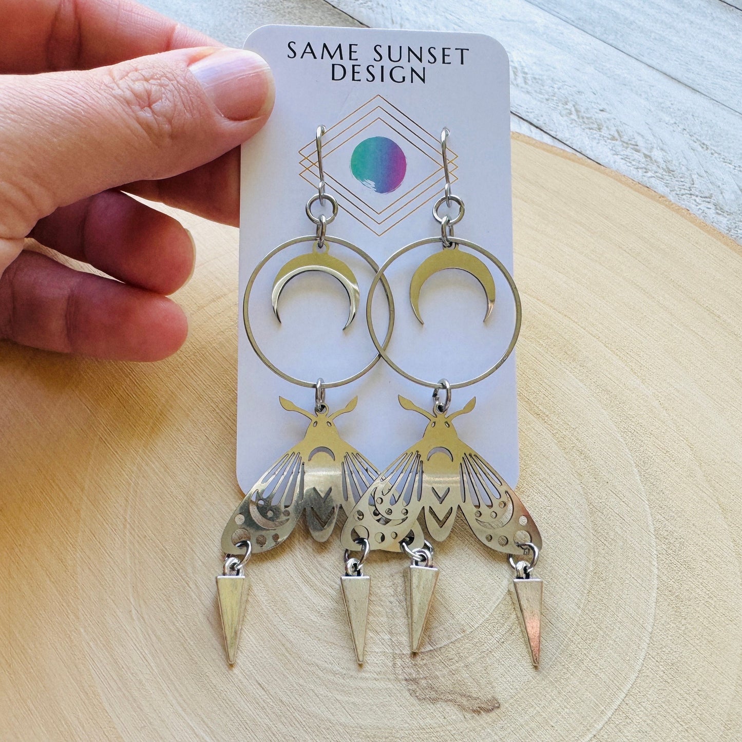 Silver Moth Moon Earrings