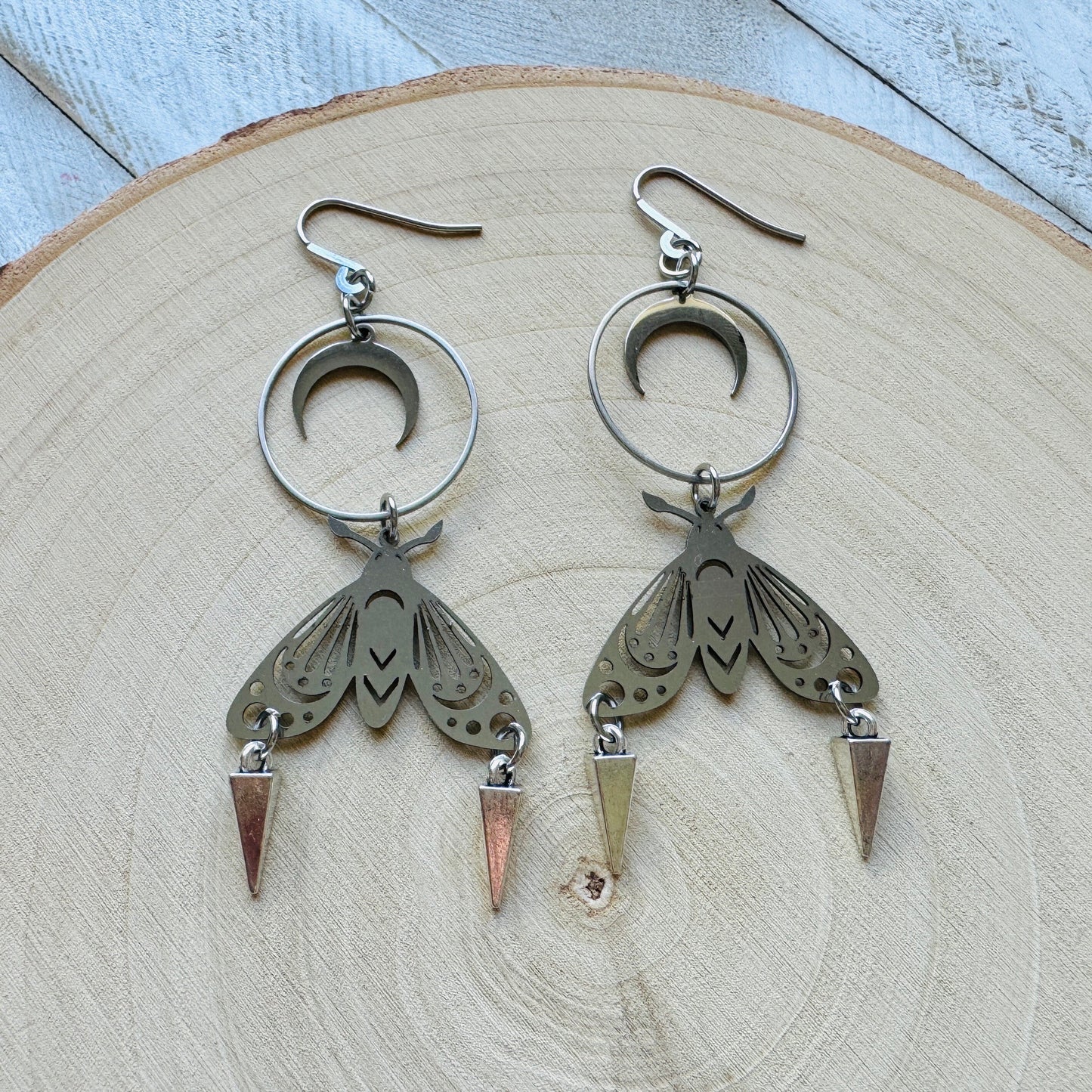 Silver Moth Moon Earrings