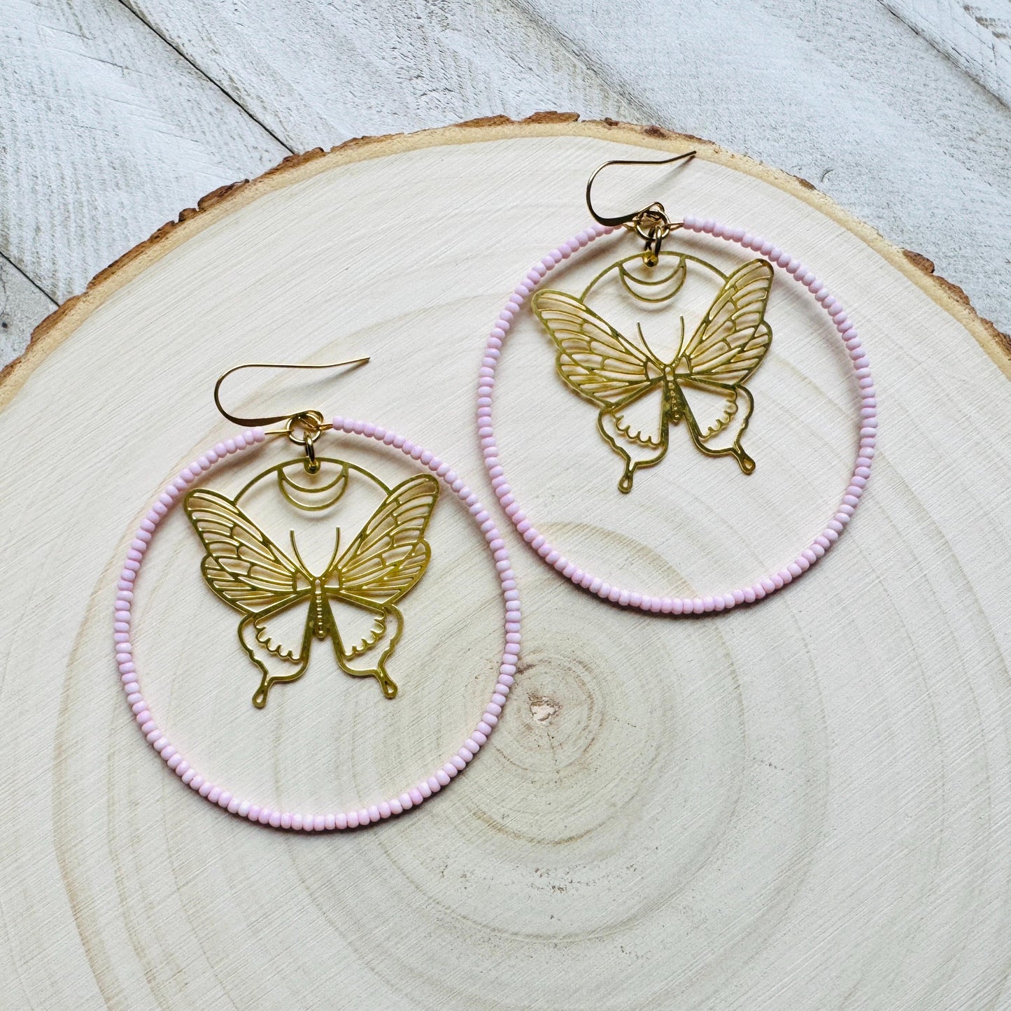 Seed Bead Butterfly Hoop Earrings