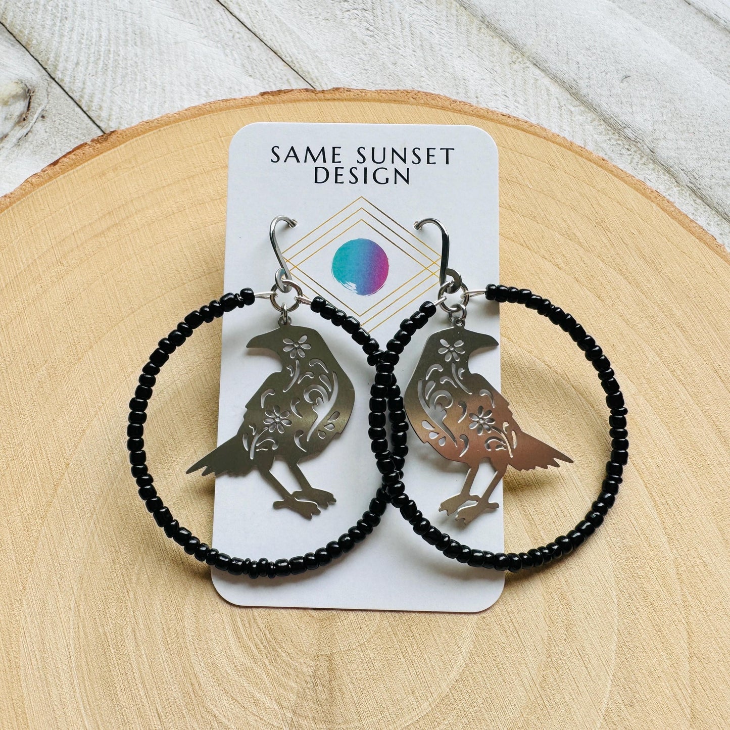 Raven Seed Bead Hoop Earrings