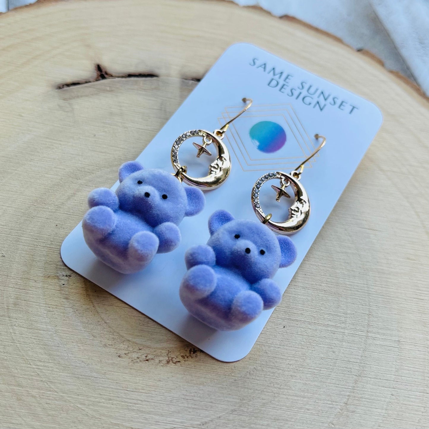 Purple Teddy Bear Moon Earrings