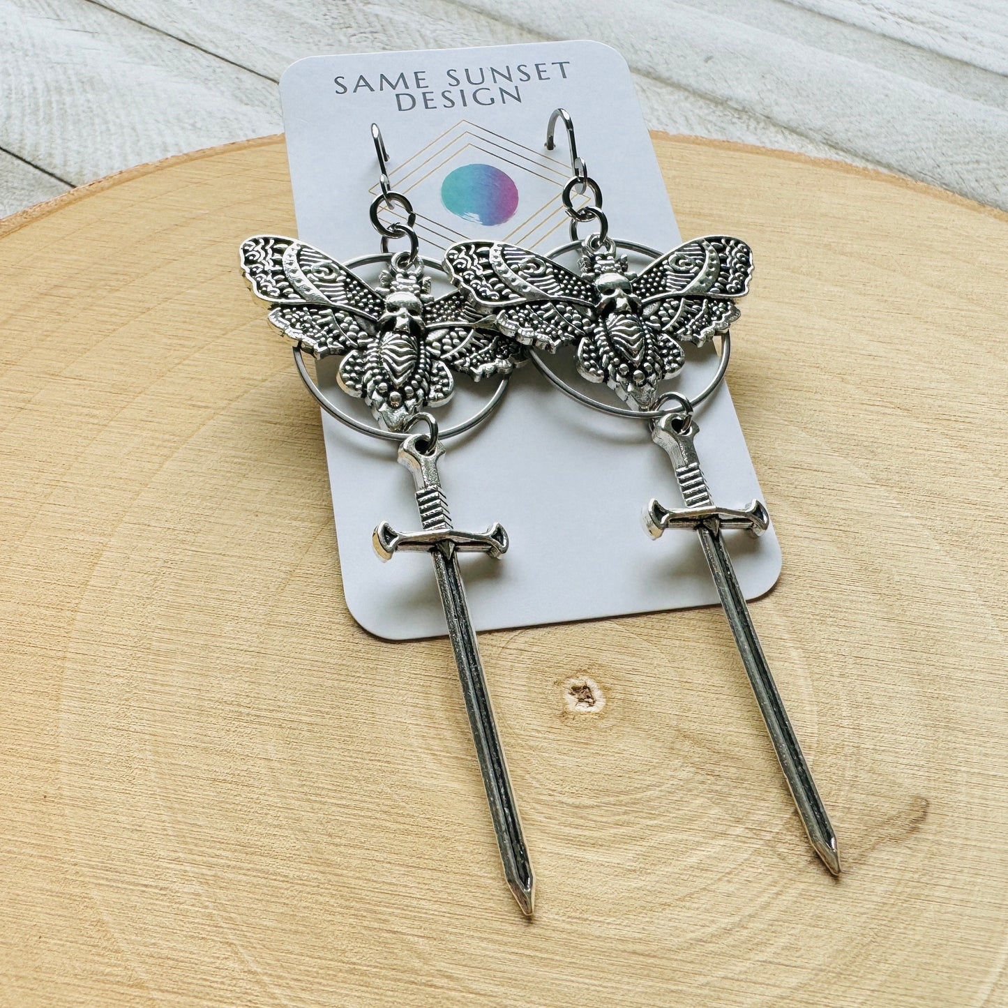 Silver Moth Sword Earrings