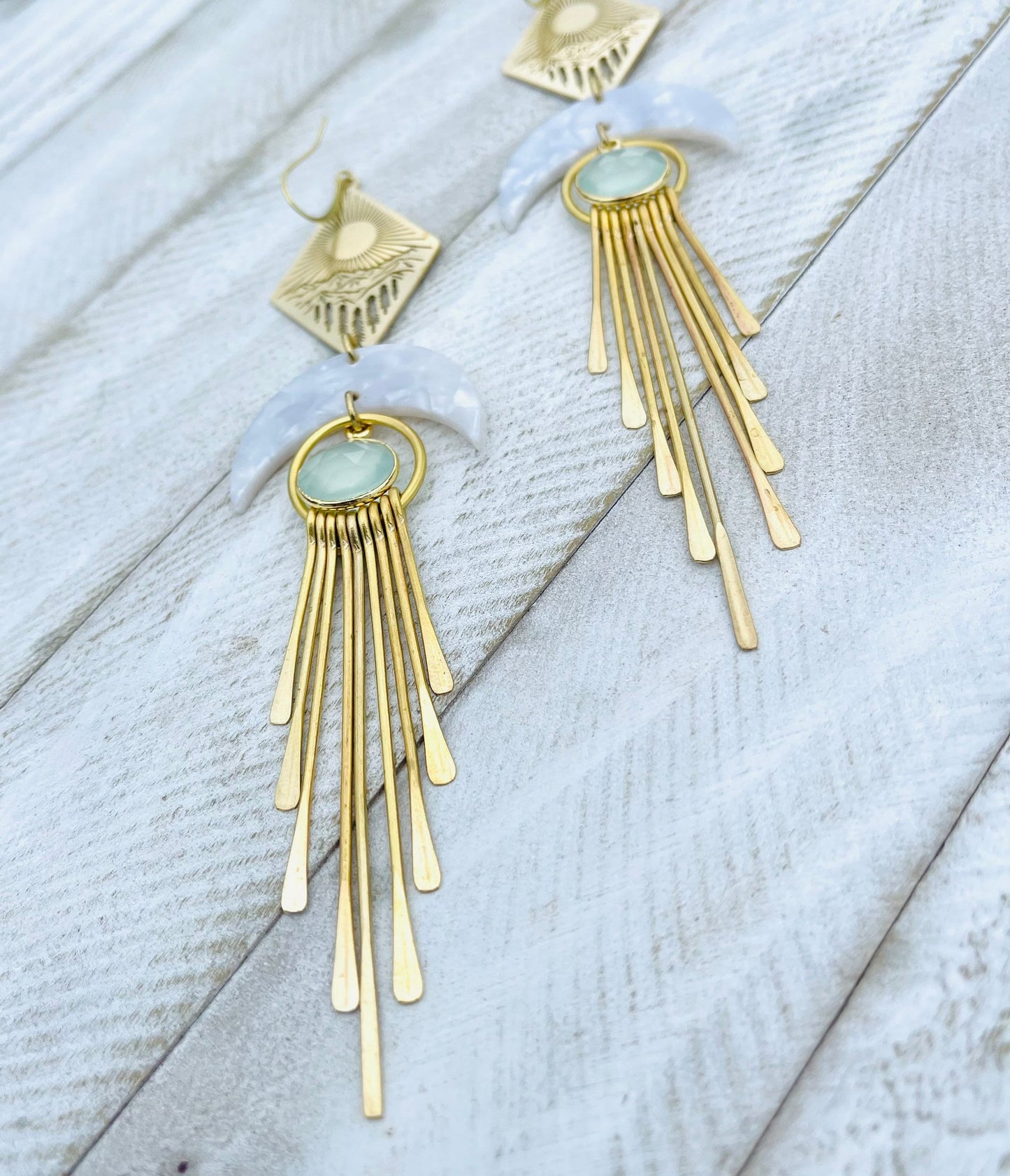 Aqua Chalcedony Moon Mountain Fringe Earrings