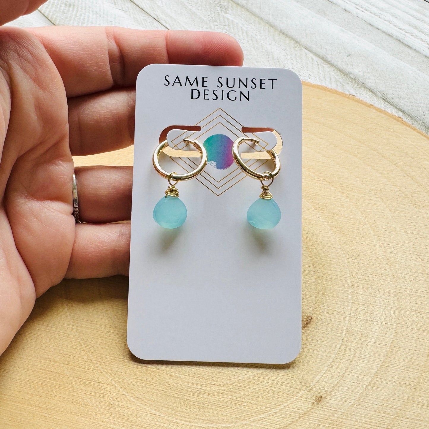 Aqua Chalcedony Huggie Hoop Earrings