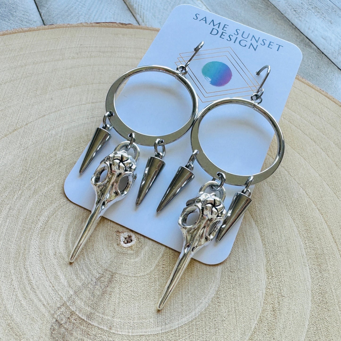 Silver Hoop Bird Skull Earrings