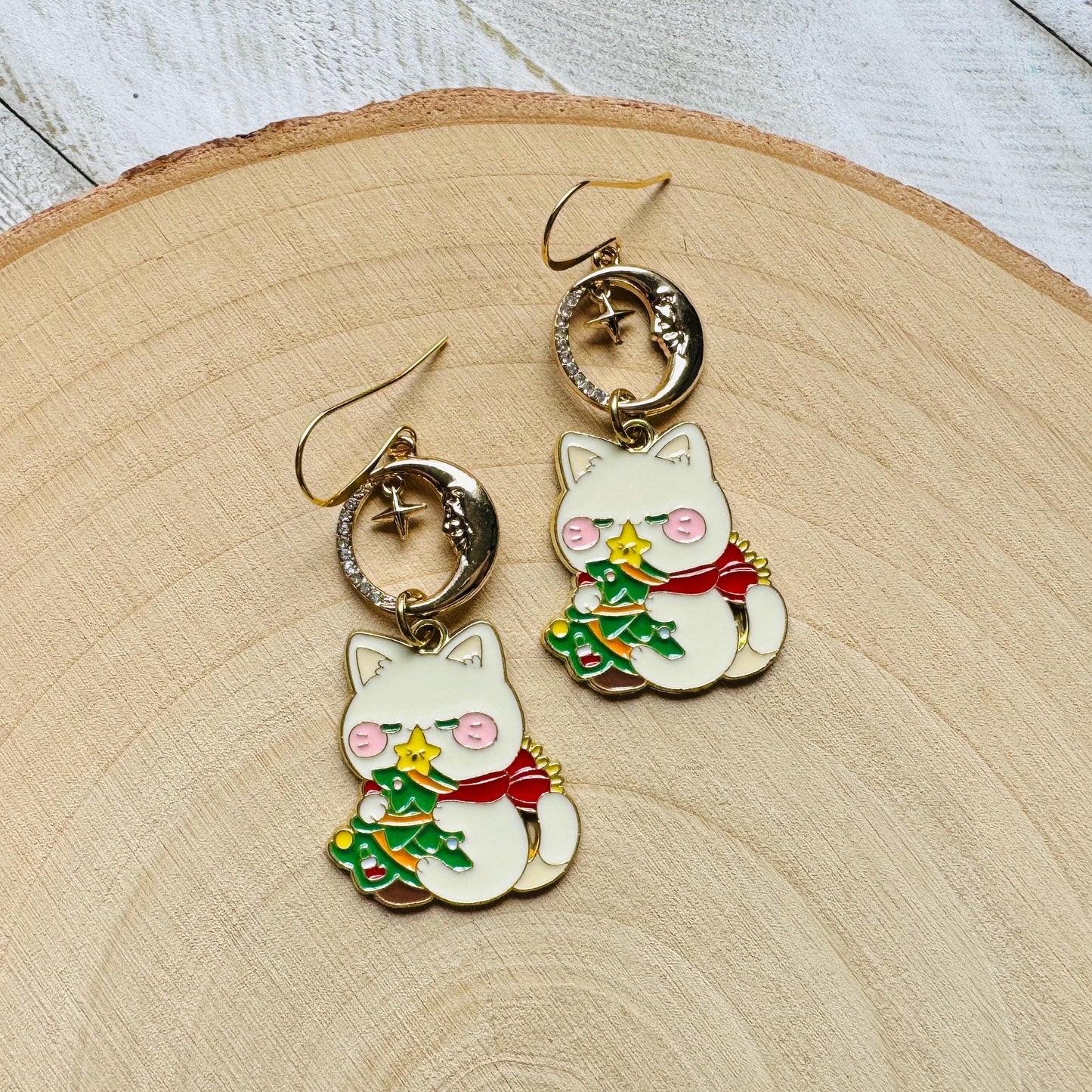 Christmas Cat Moon Earrings