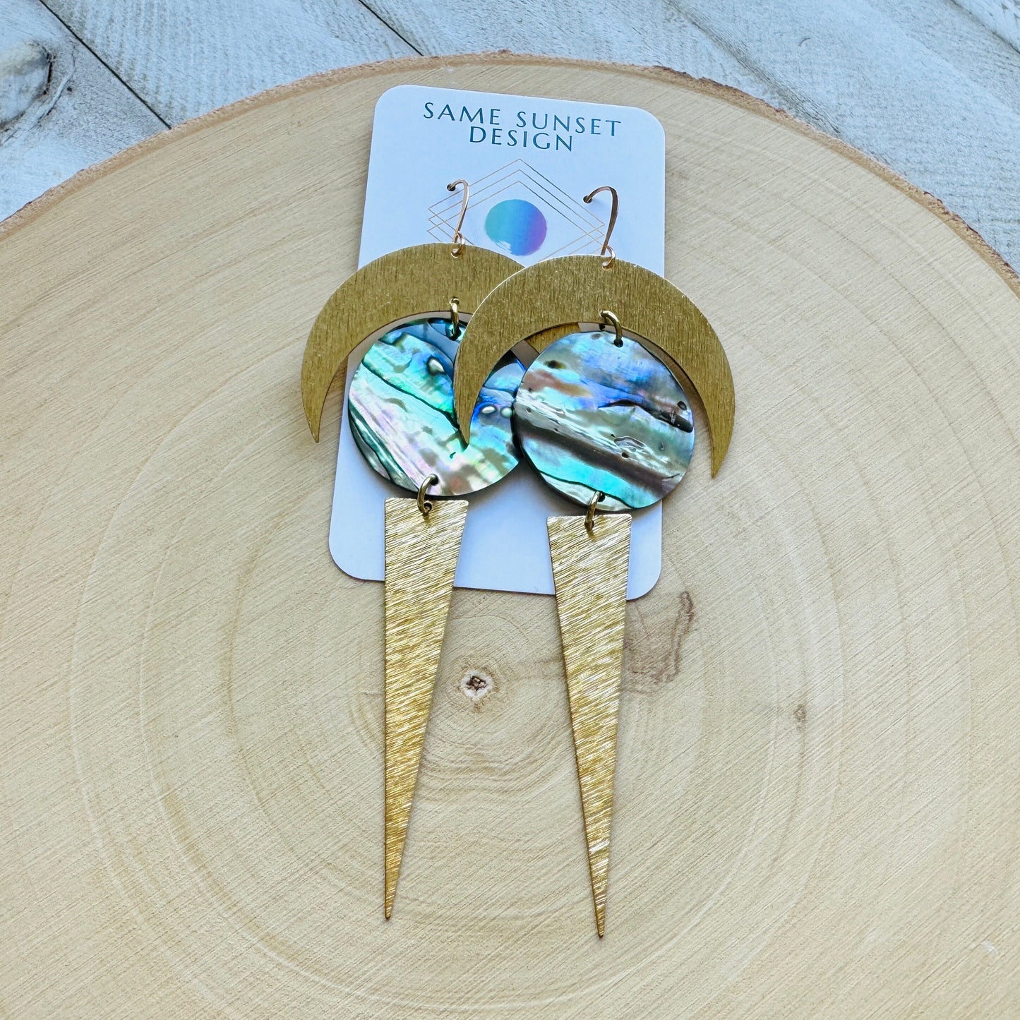 Abalone Brass Moon Earrings