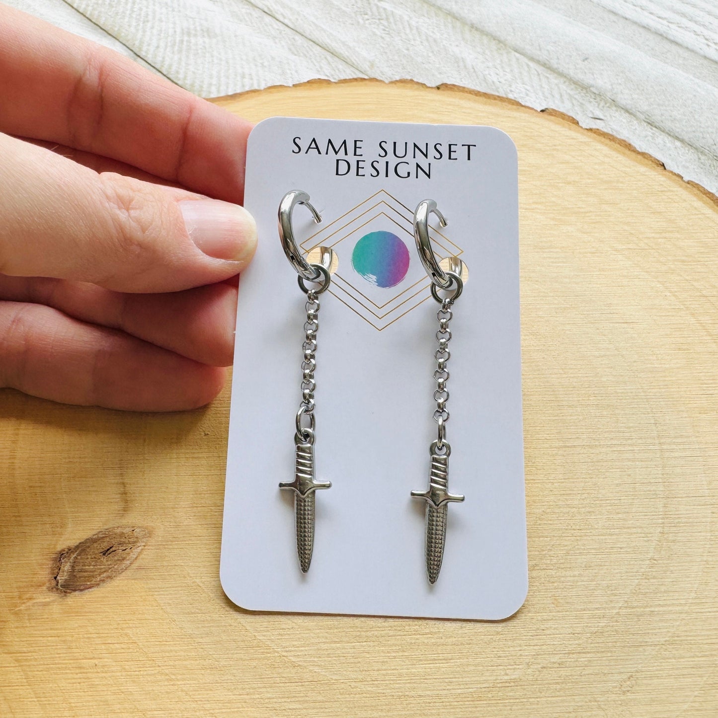 Silver Dagger Huggie Hoop Earrings