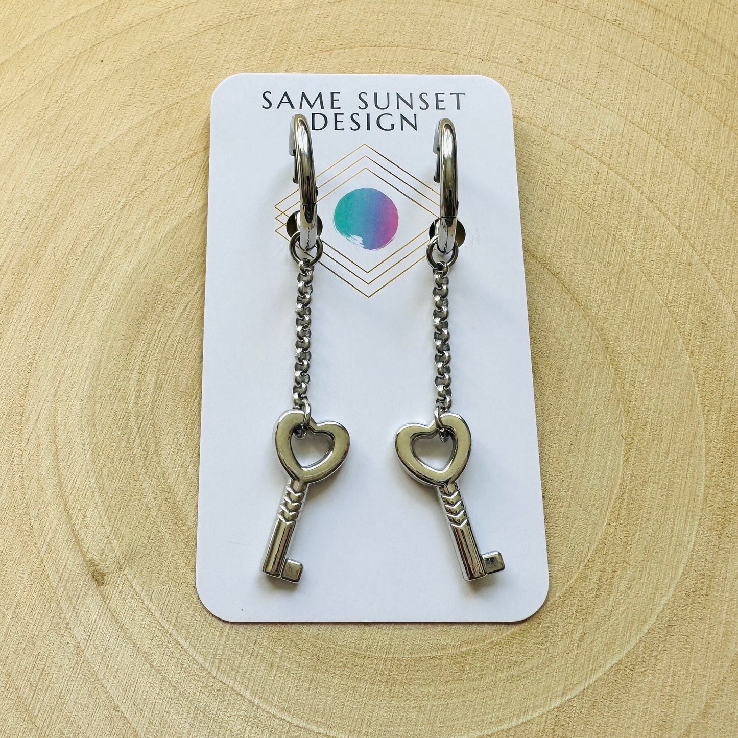 Silver Heart Key Huggie Hoop Earrings