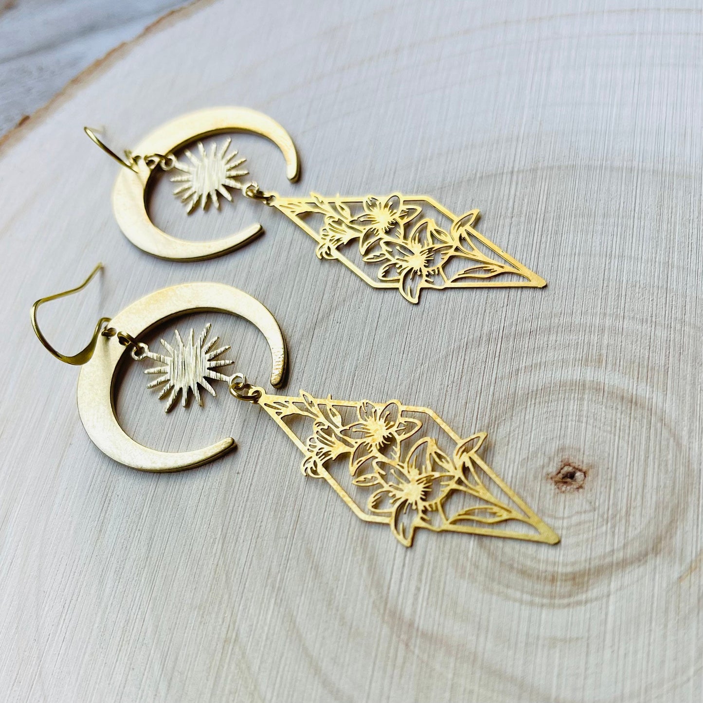 Brass Moon Flower Earrings