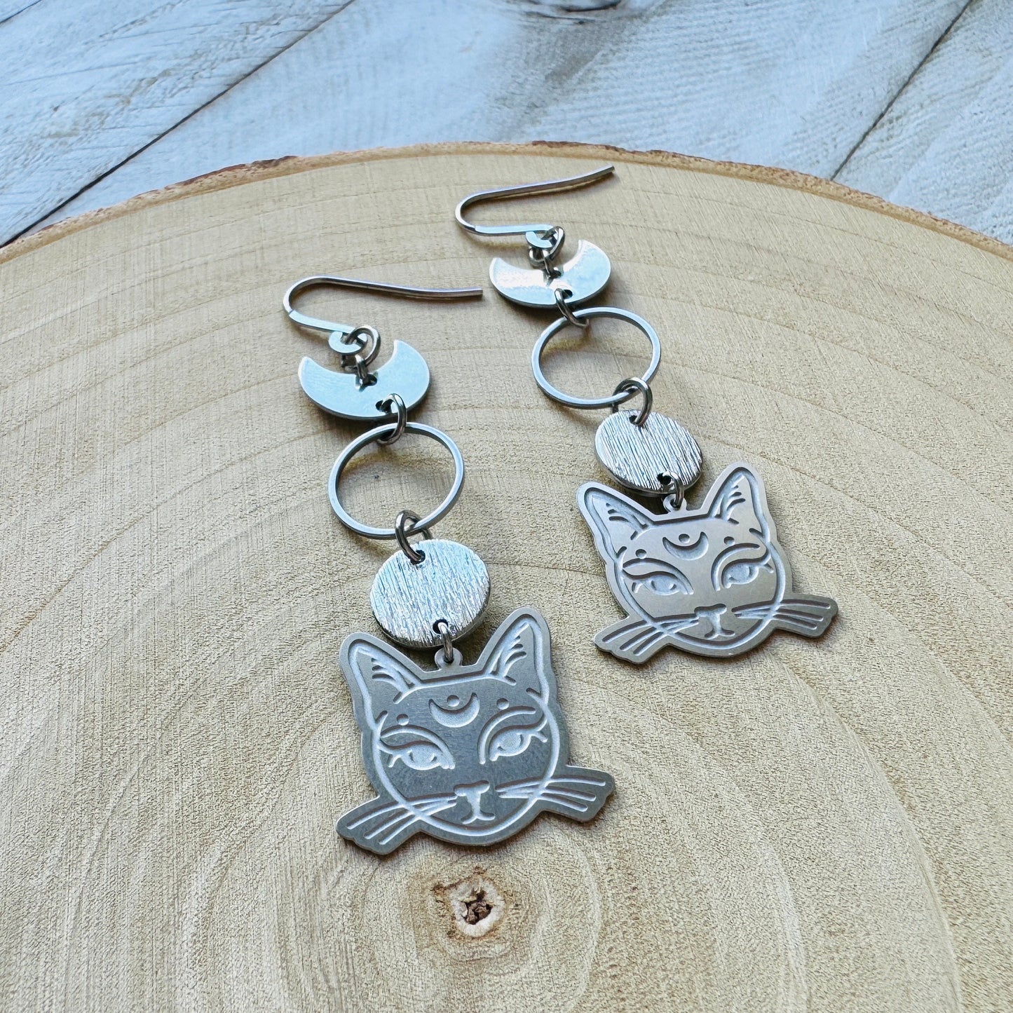 Silver Cat Moon Earrings