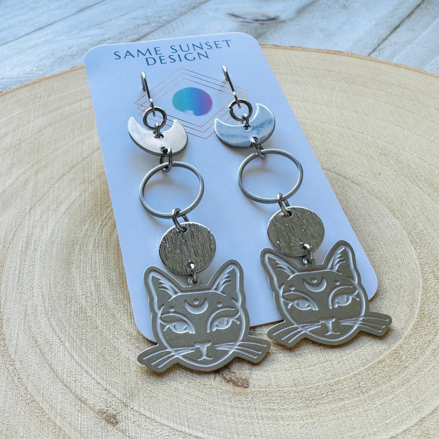 Silver Cat Moon Earrings