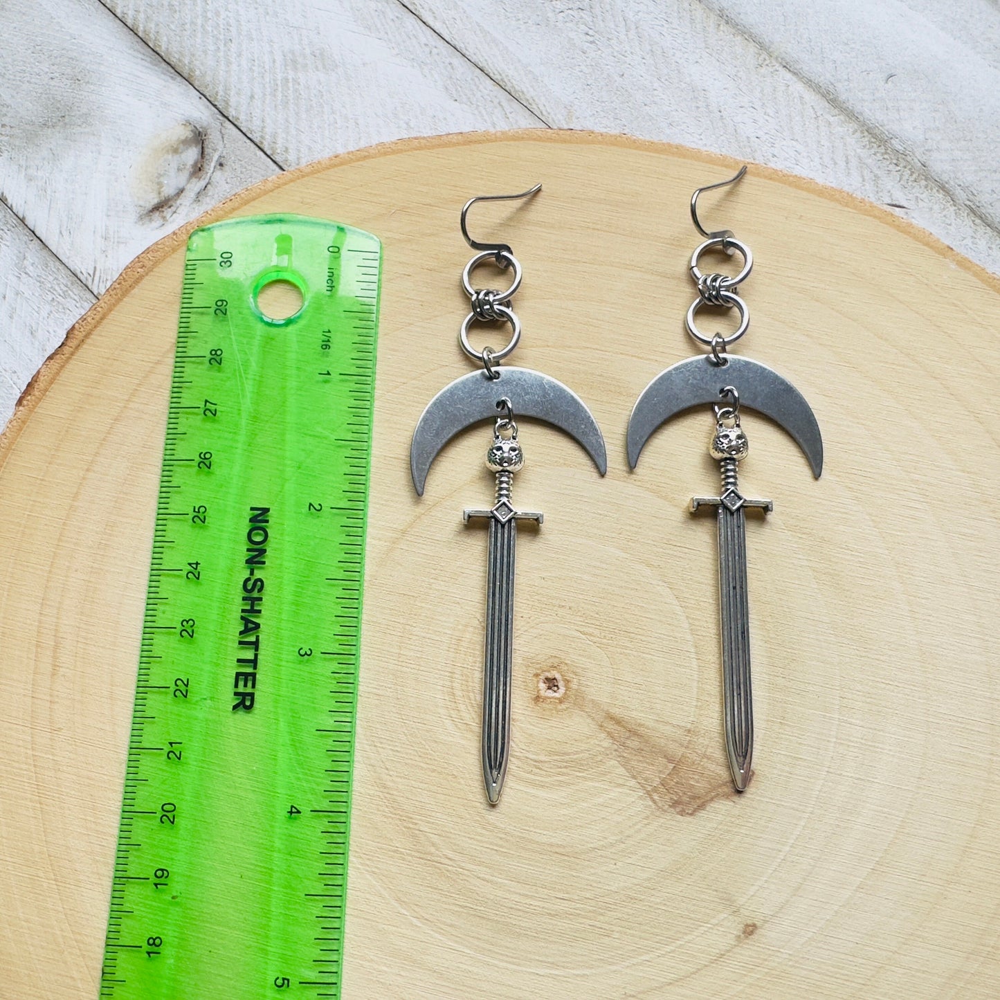 Silver Sword Moon Earrings