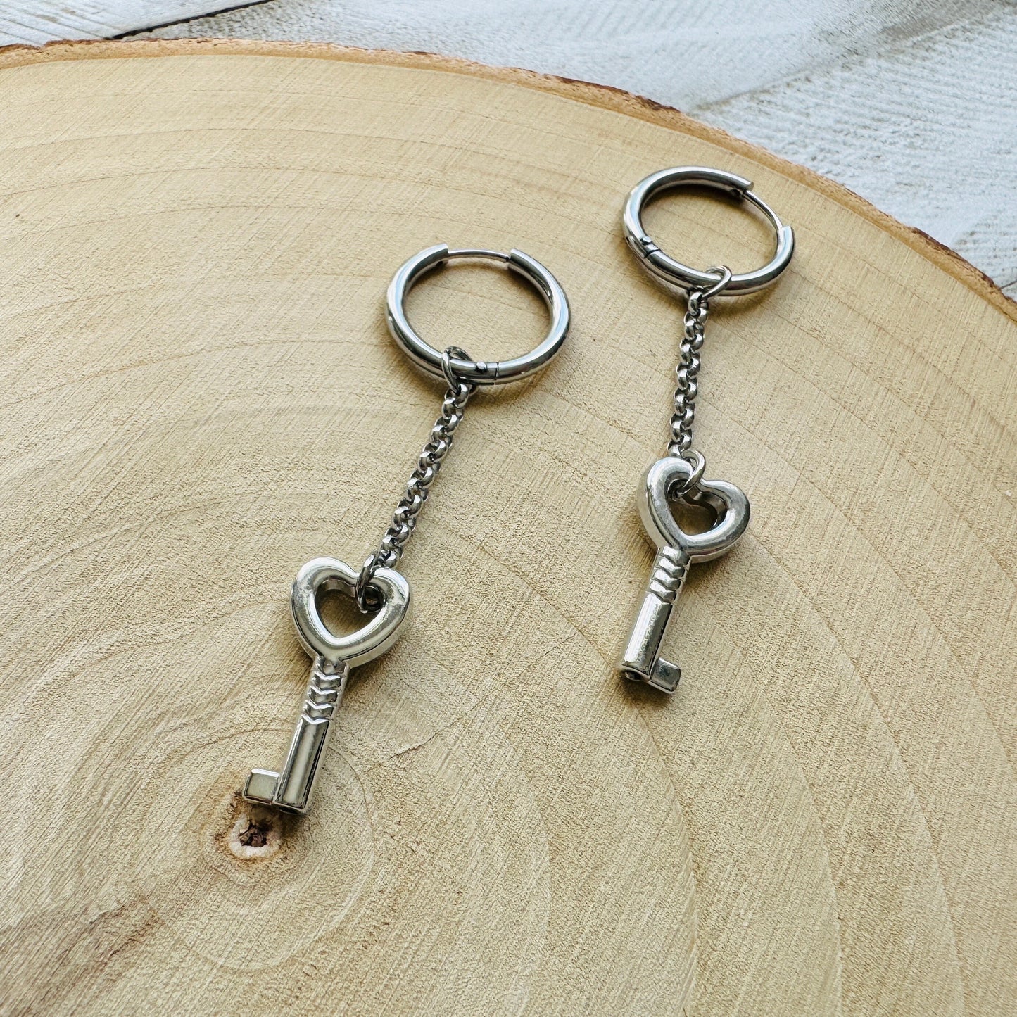 Silver Heart Key Huggie Hoop Earrings