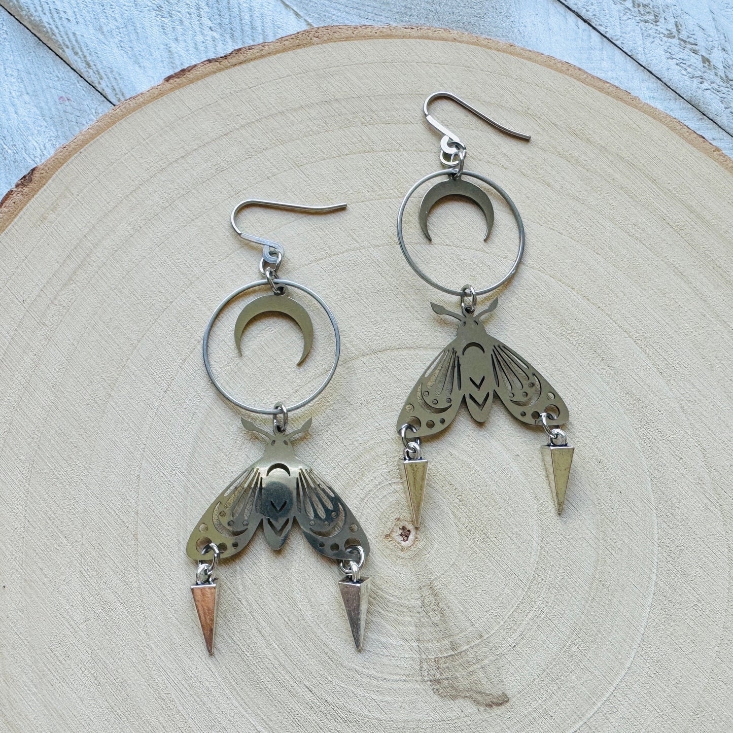 Silver Moth Moon Earrings