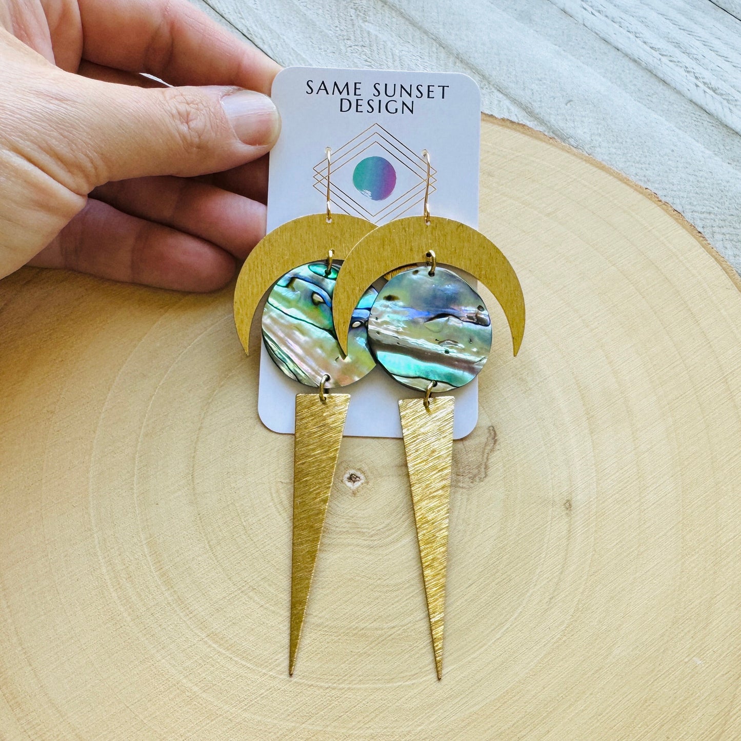 Abalone Brass Moon Earrings