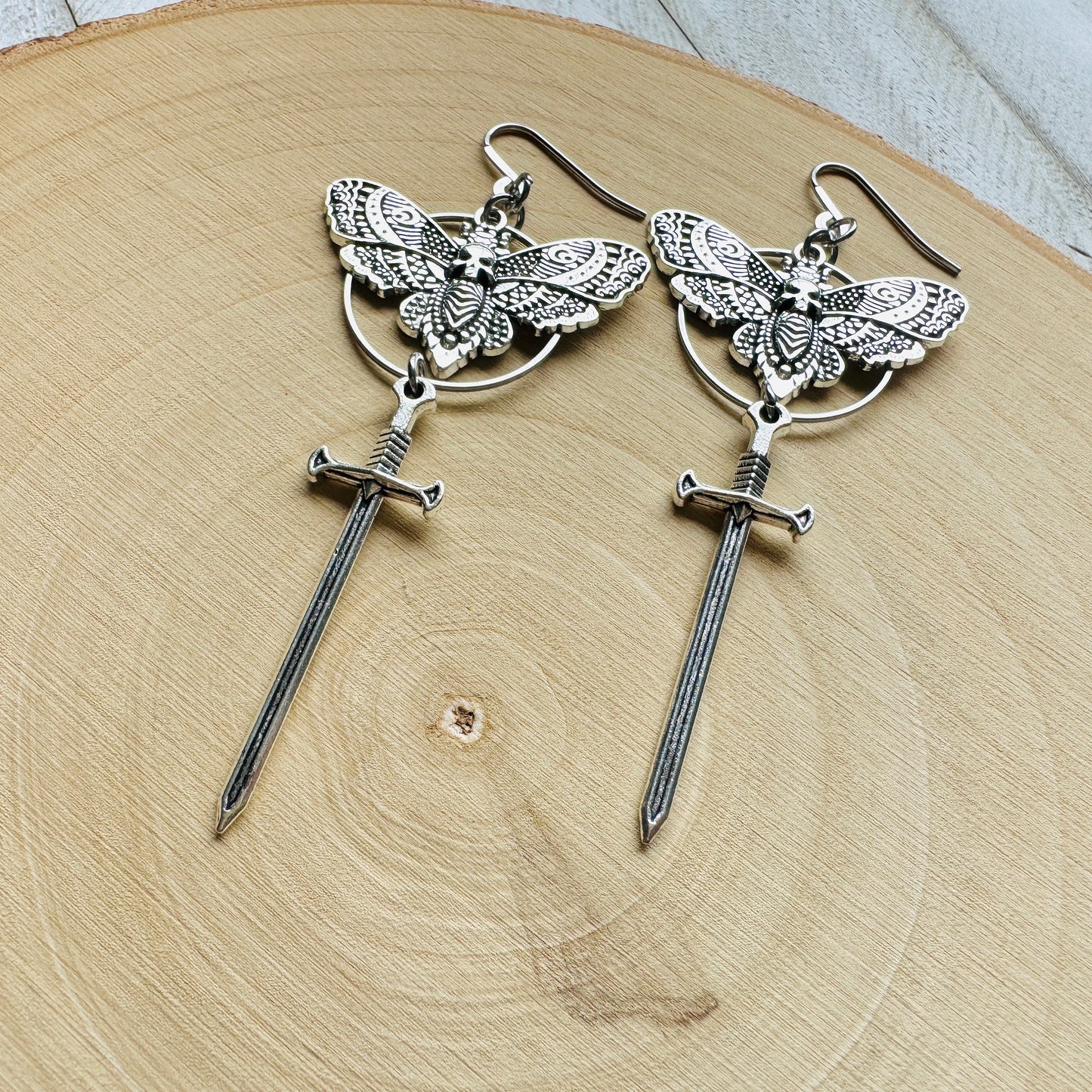 Silver Moth Sword Earrings
