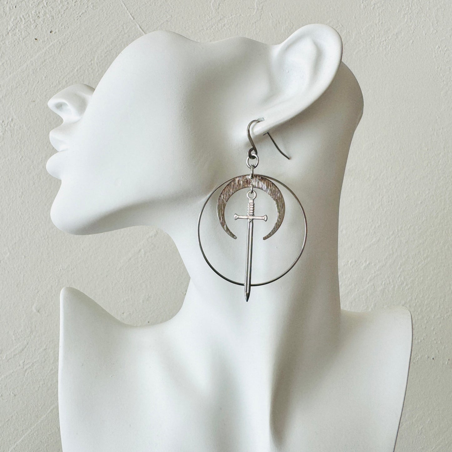 Stainless Steel Sword Moon Hoop Earrings