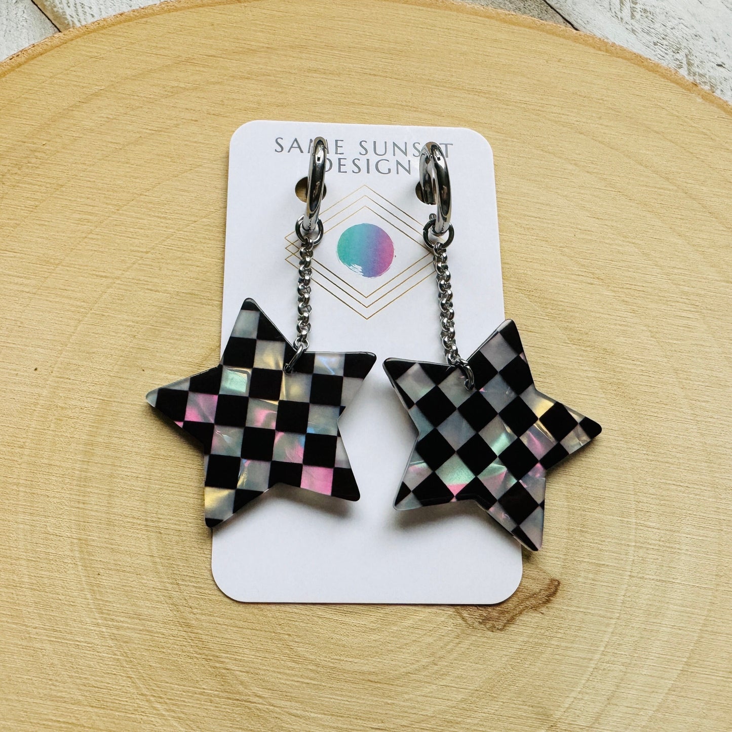 Checkered Star Huggie Hoop Earrings