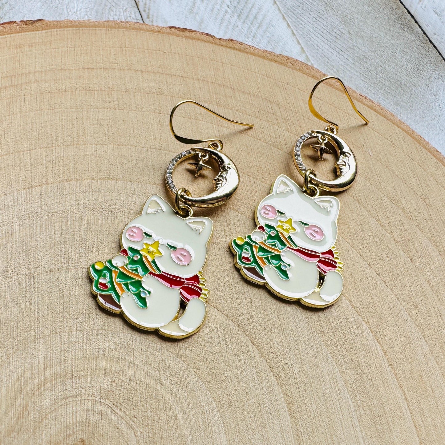 Christmas Cat Moon Earrings