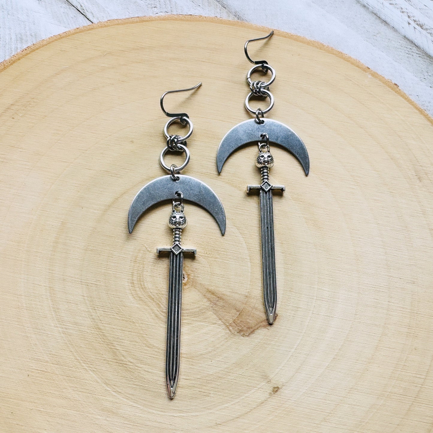 Silver Sword Moon Earrings