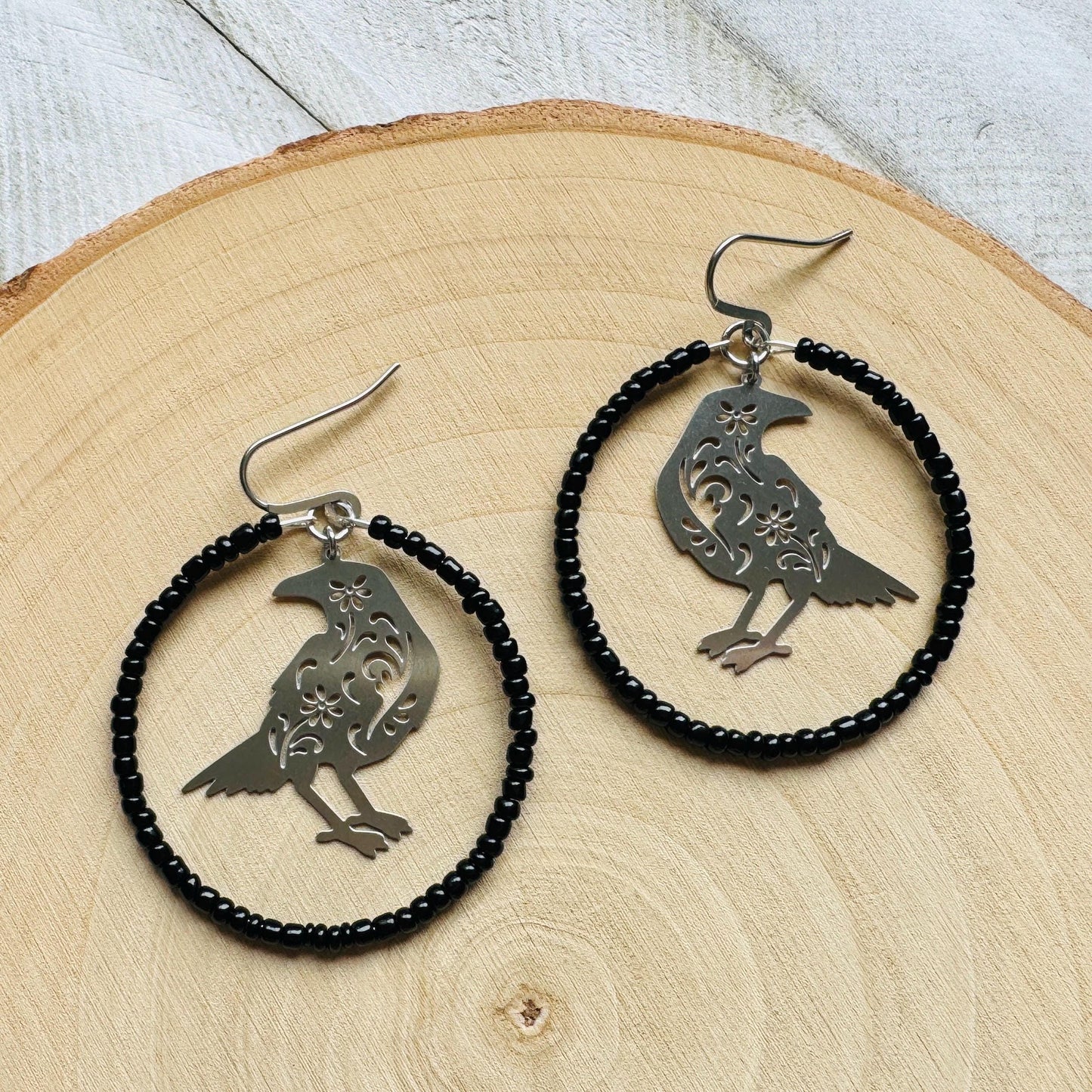 Raven Seed Bead Hoop Earrings