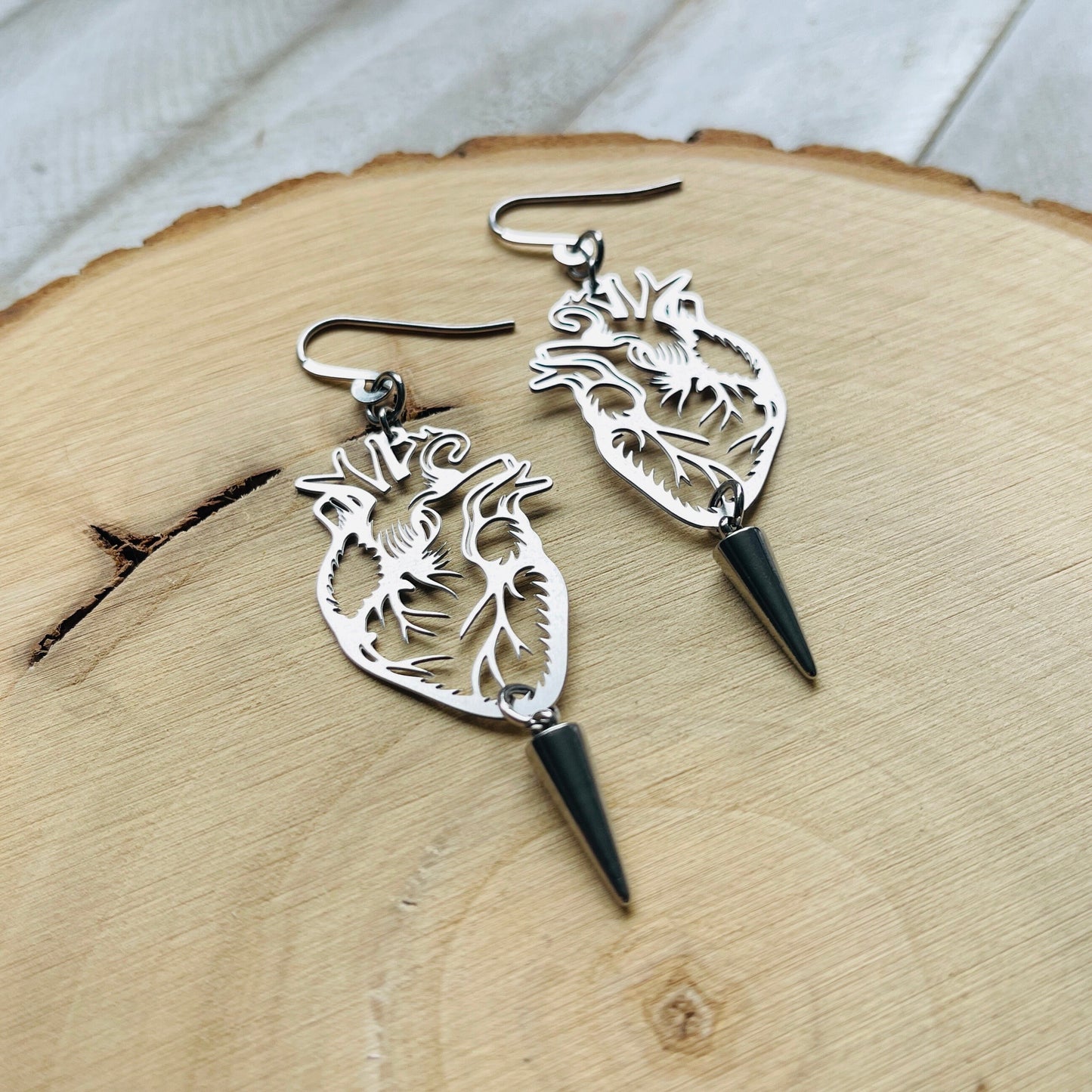 Silver Anatomical Heart Spike Earrings