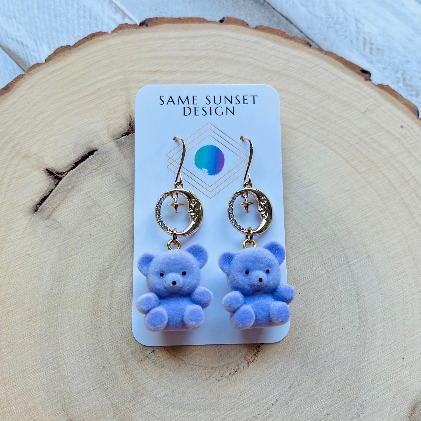 Purple Teddy Bear Moon Earrings